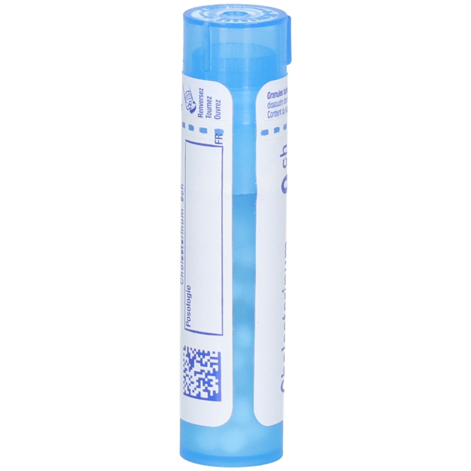 Arrière d'un tube bleu avec inscription Cholesterinum 9 ch et code QR.