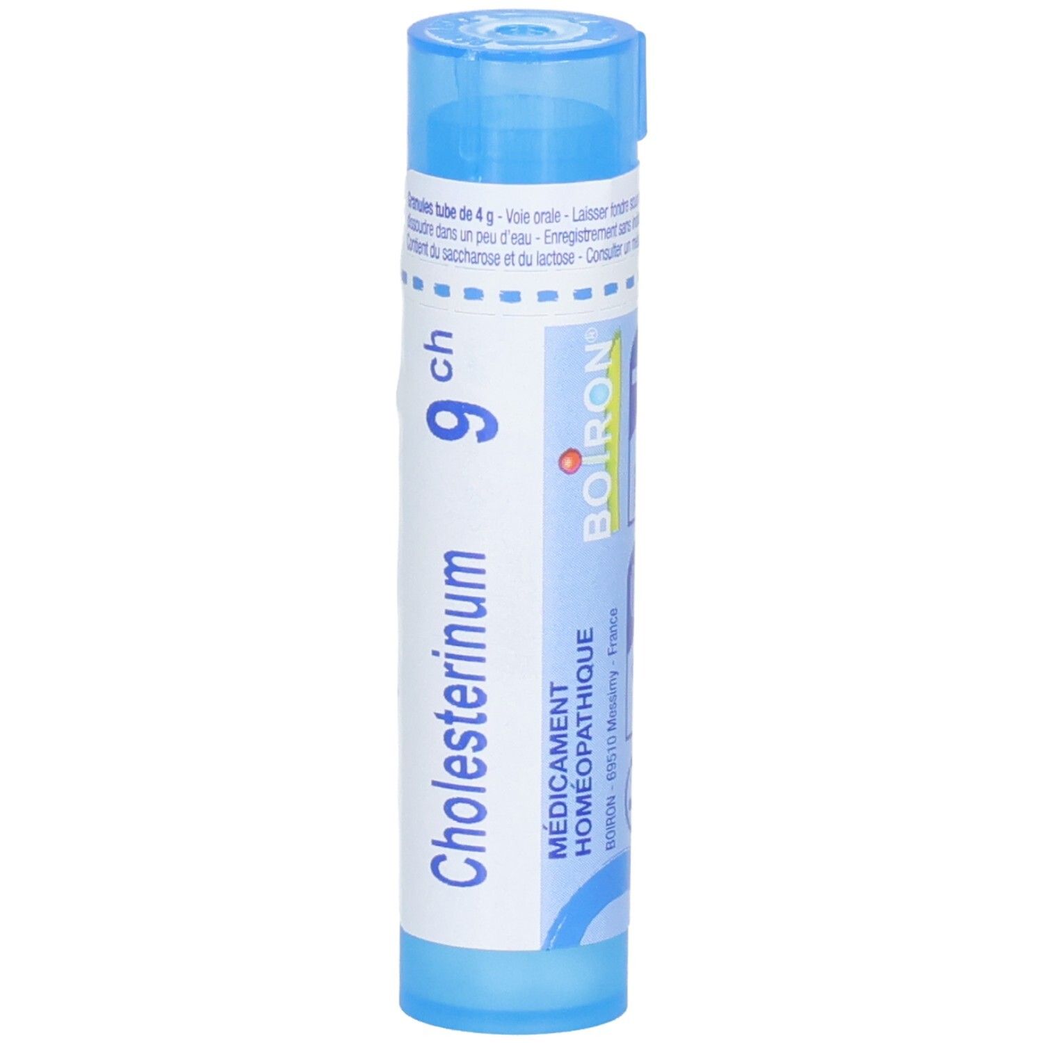 Tube bleu avec Cholesterinum 9 ch et logo Boiron.