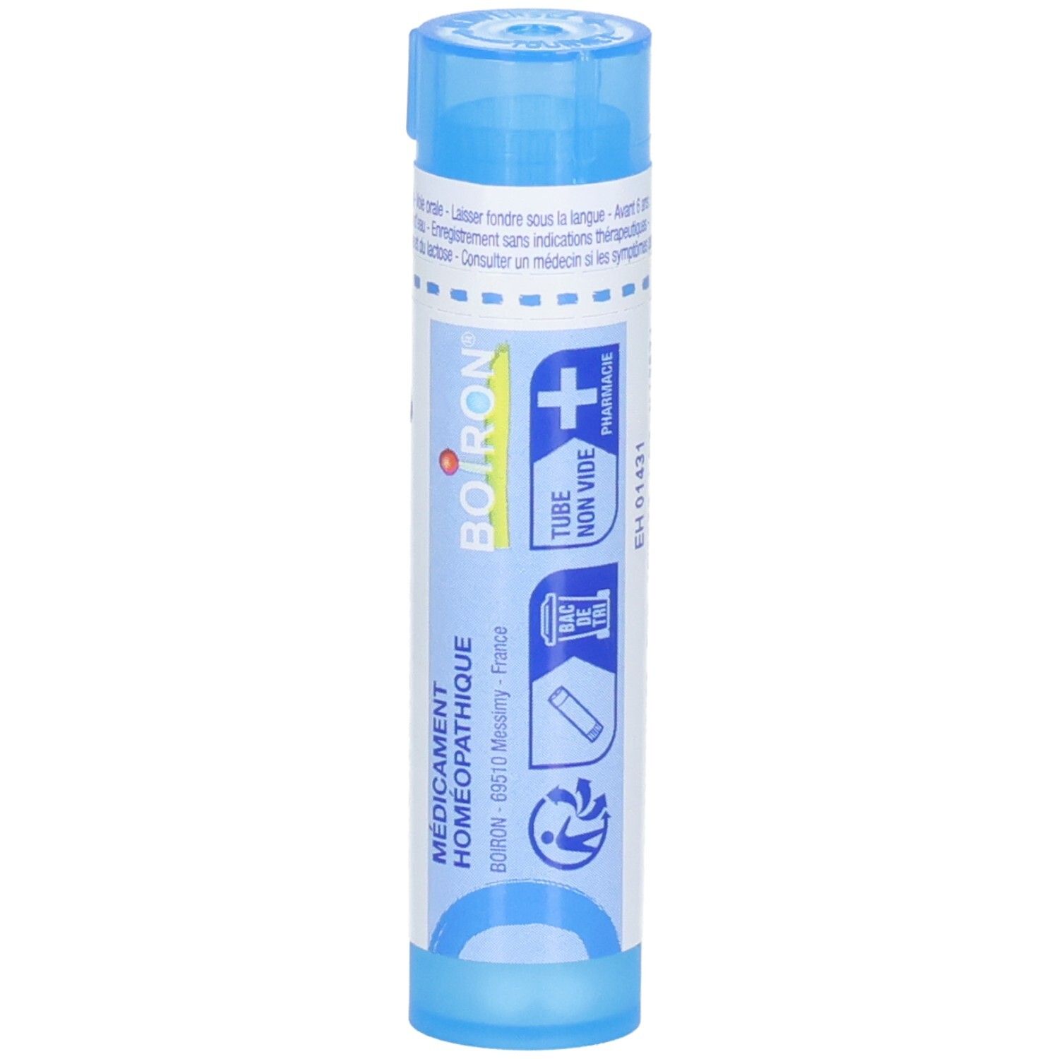 Côté d'un tube bleu avec logo Boiron, médicament homéopathique et symbole de recyclage.