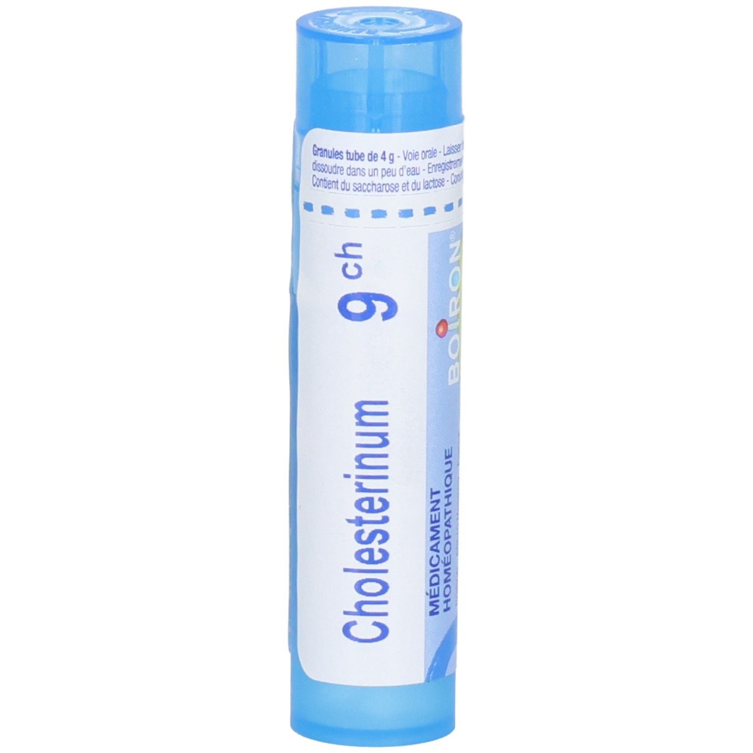 Tube bleu avec inscription Cholesterinum 9 ch et logo Boiron.