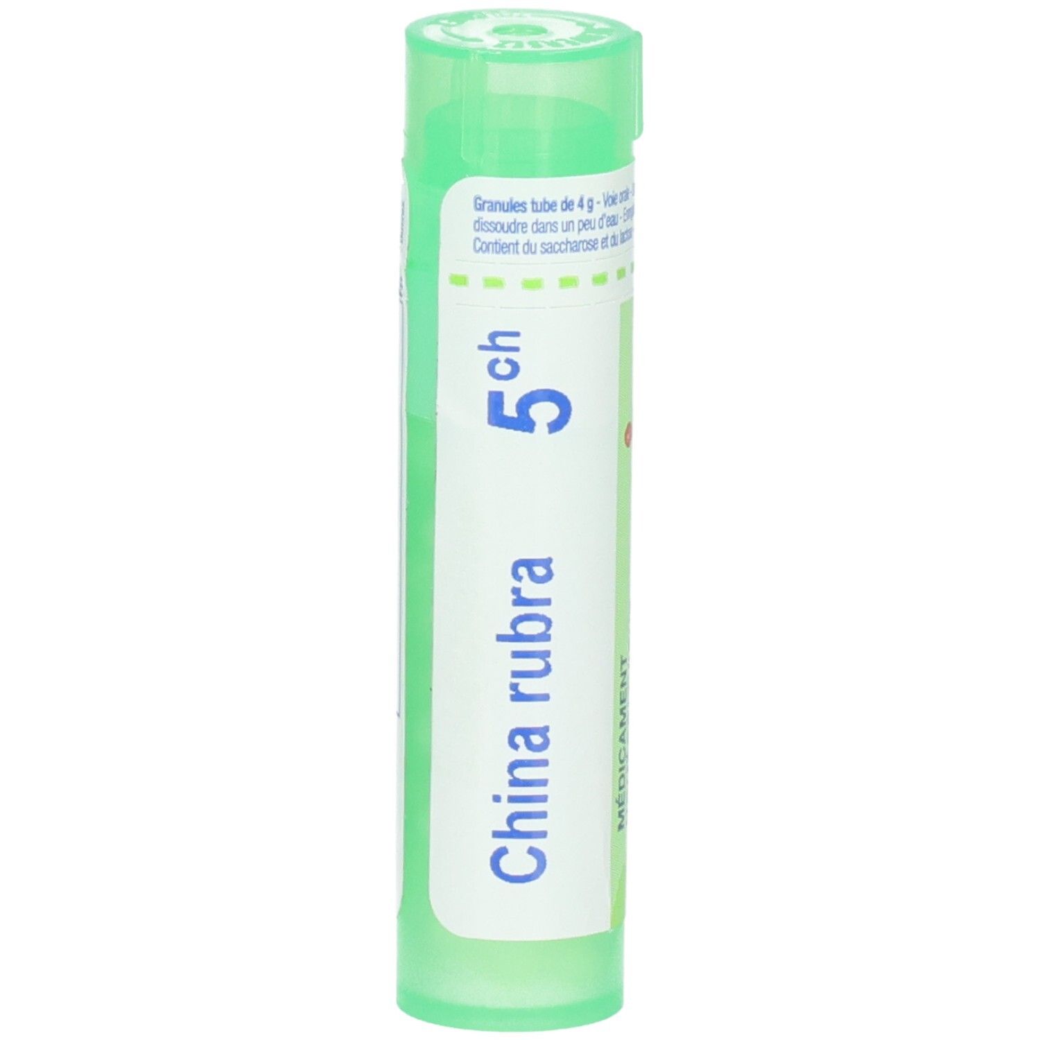 Tube vert contenant des granules de China rubra 5 ch. Étiquette avec informations produit.