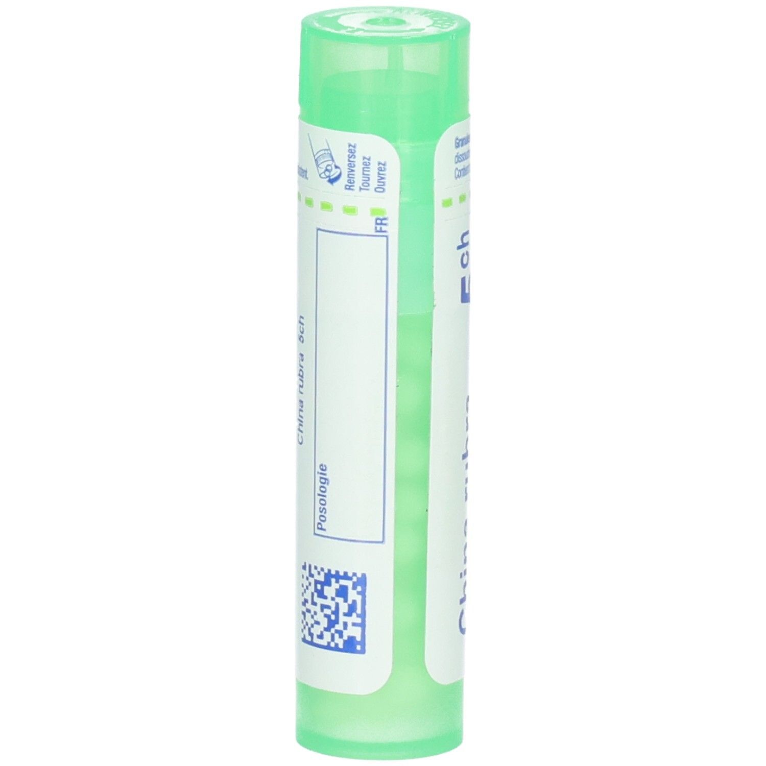 Arrière d'un tube vert de China rubra 5 ch. Étiquette avec instructions et code QR.