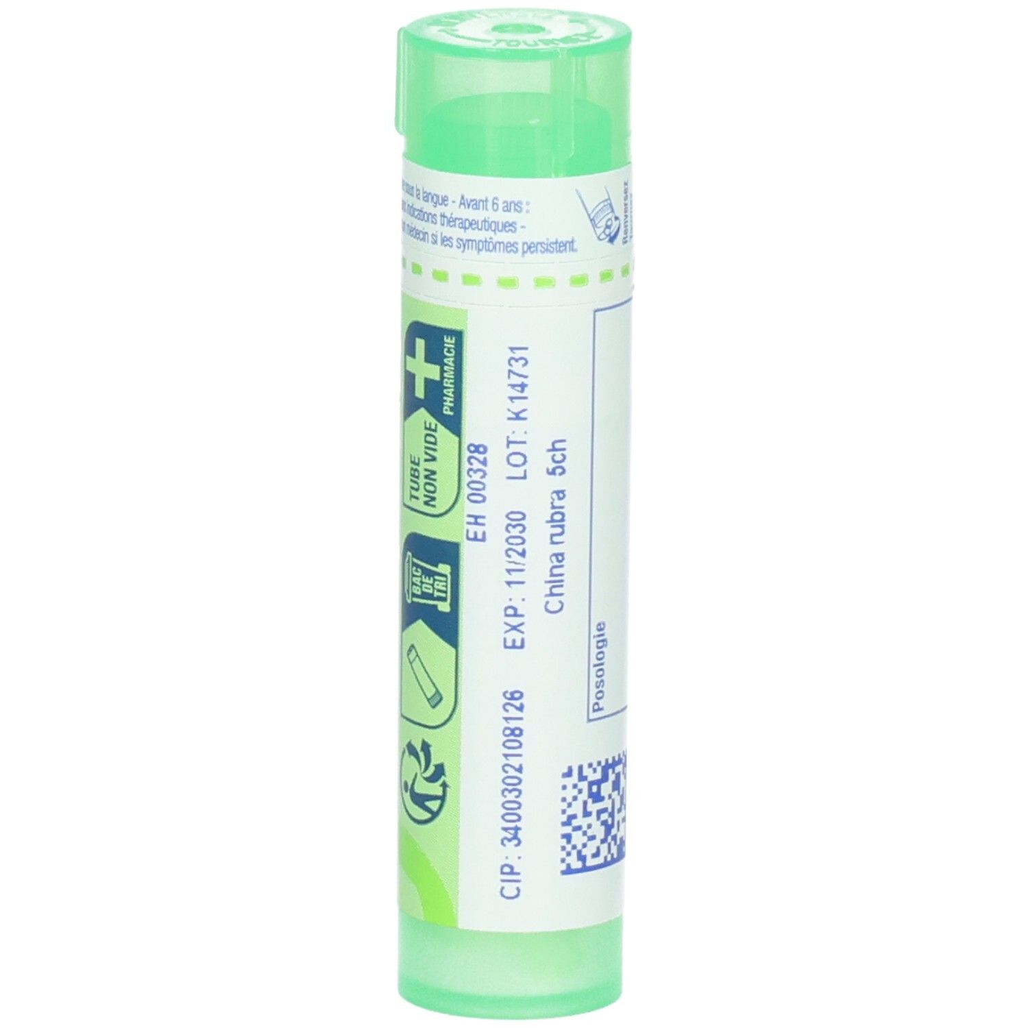 Tube vert de China rubra 5 ch. Étiquette avec date d'expiration, numéro de lot et CIP.