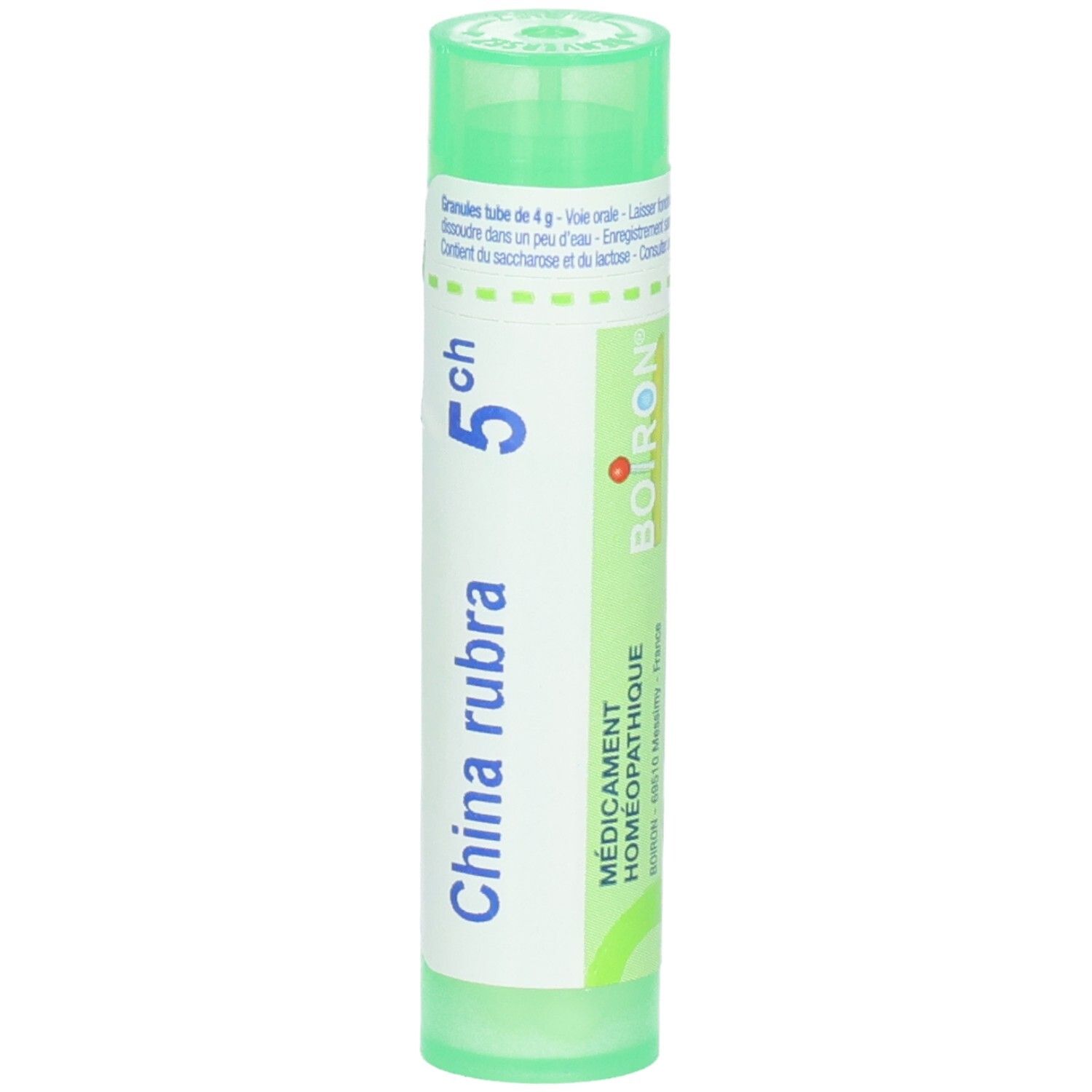 Tube vert de China rubra 5 ch. Logo Boiron et 'Médicament Homéopathique'.