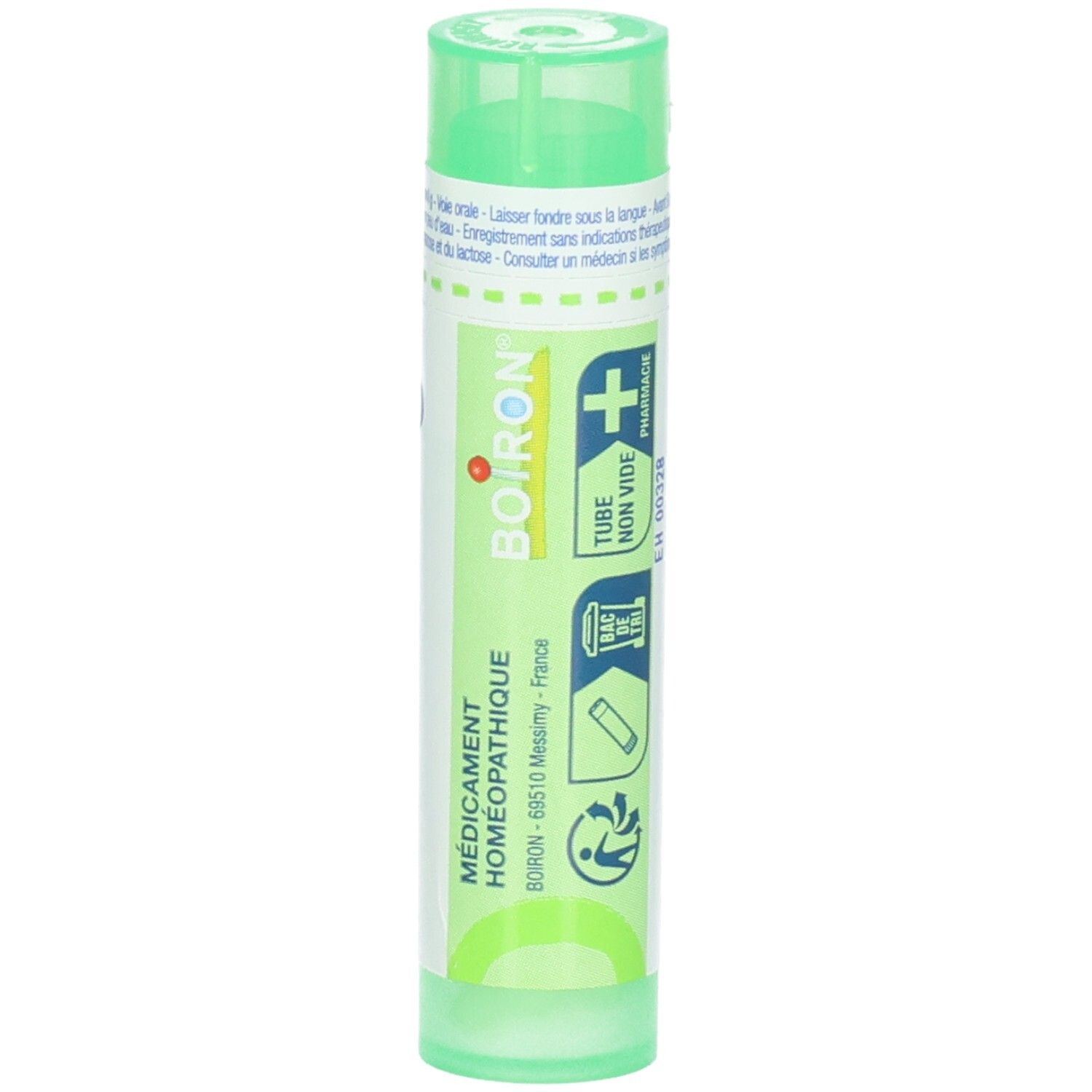 Tube vert de China rubra 5 ch. Logo Boiron, 'Tube Non Vide' et symboles.