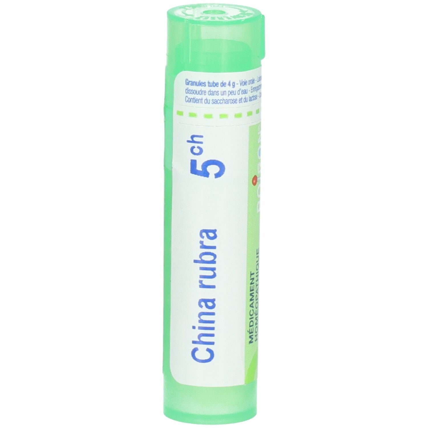 Tube vert contenant des granules de China rubra 5 ch. Étiquette avec informations produit.