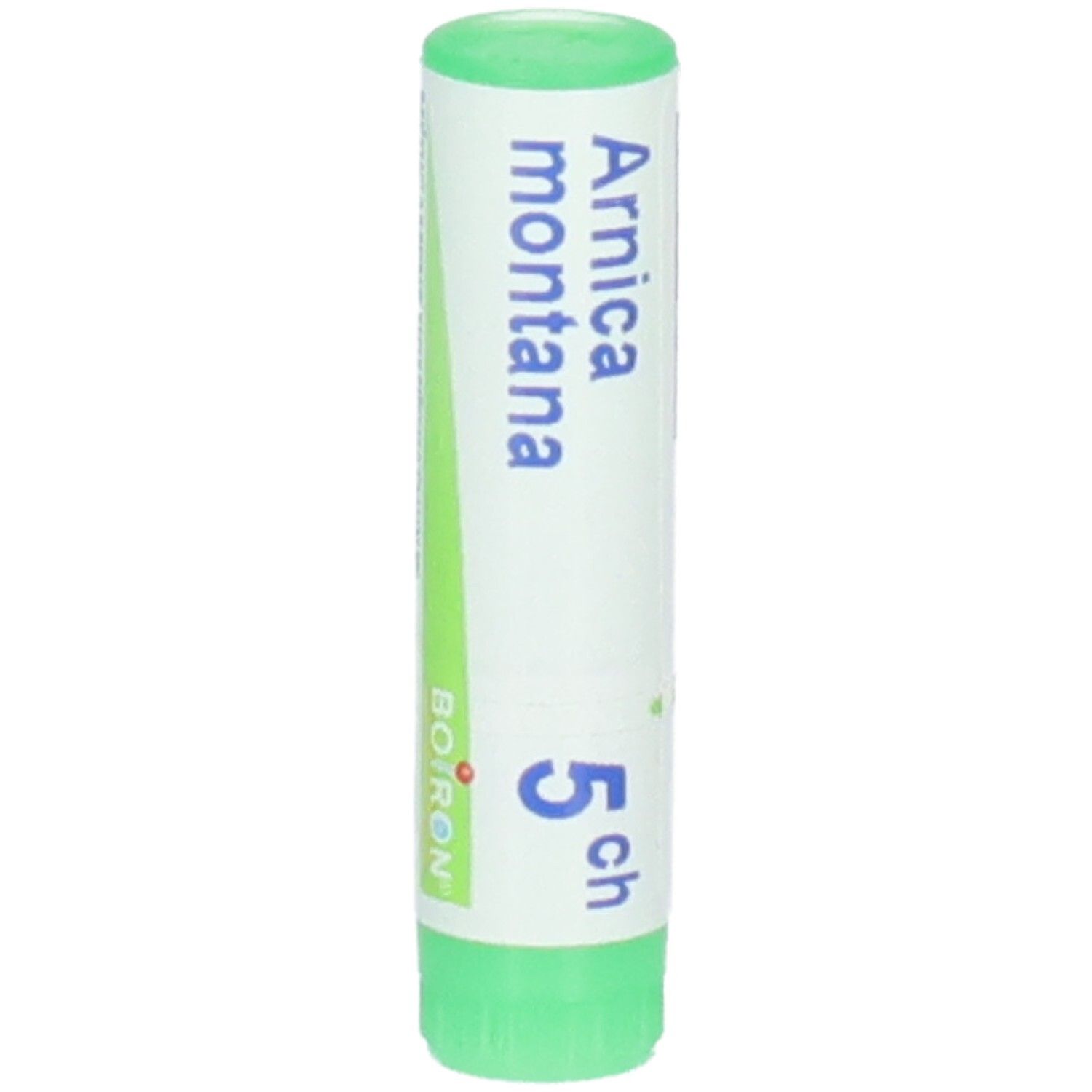 Tube de globules Arnica montana 5 ch. Bouchon et base verts.
