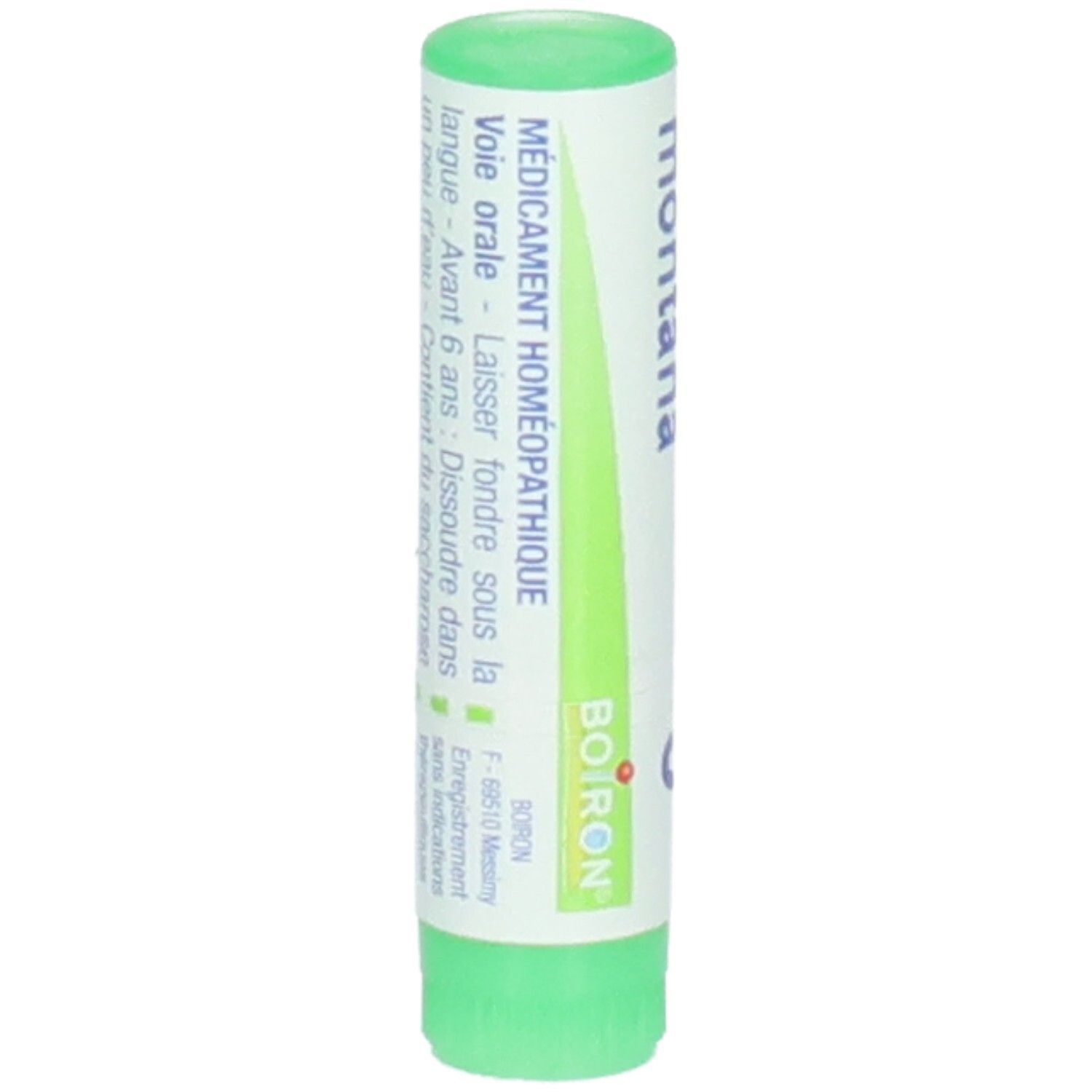 Tube de globules Arnica montana 5 ch. Dos avec instructions d'utilisation.