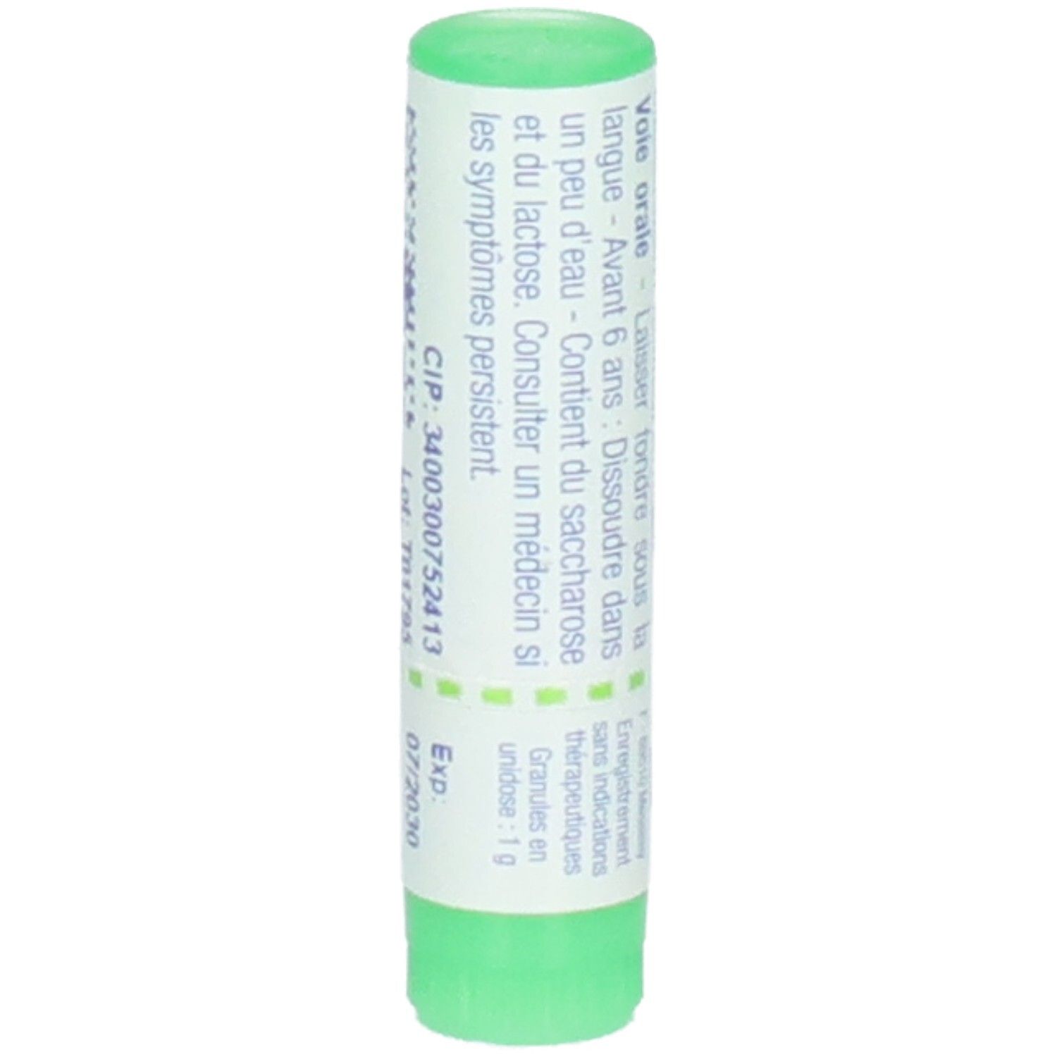 Tube de globules Arnica montana 5 ch. Dos avec informations de dosage et de péremption.