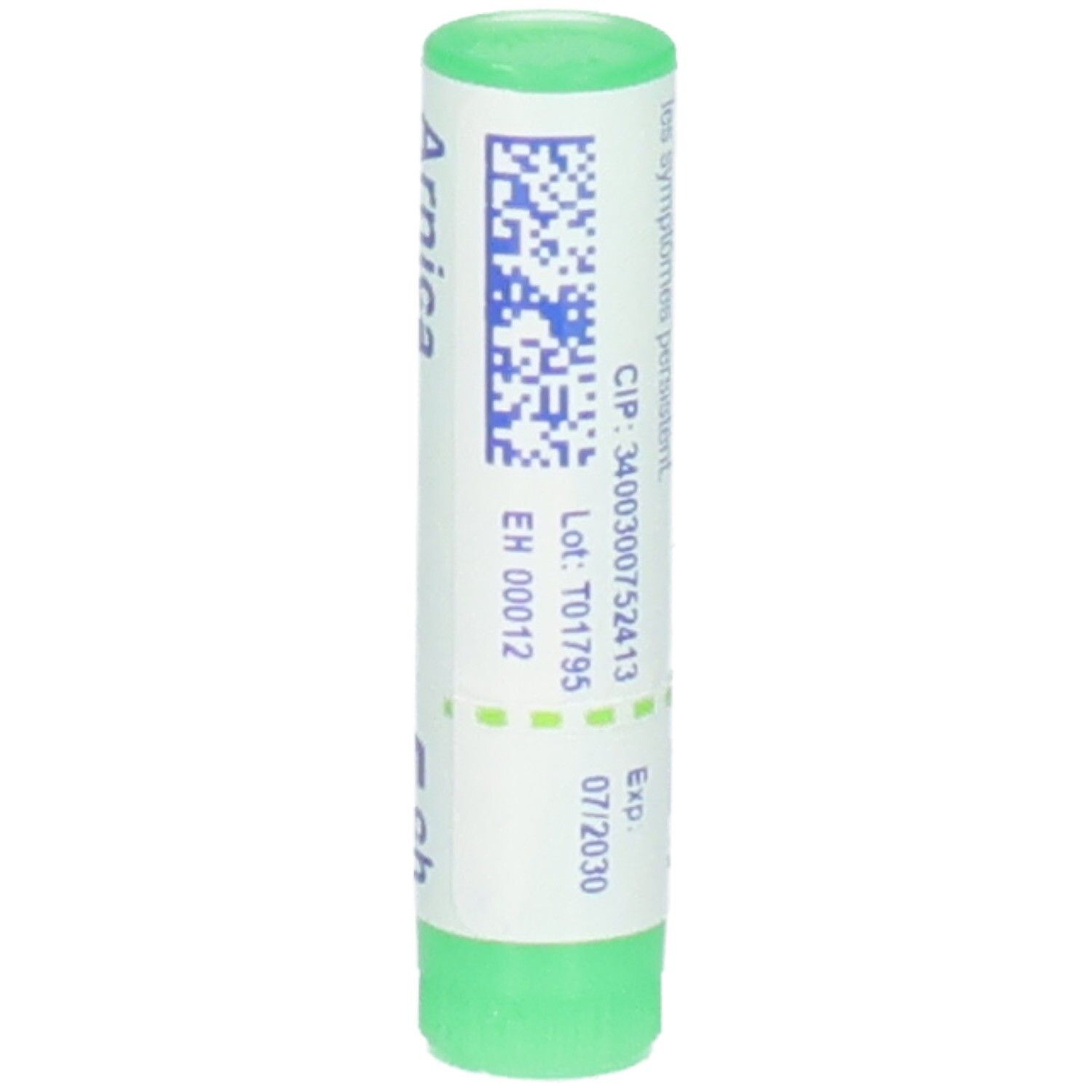 Tube de globules Arnica montana 5 ch. Avant avec nom du produit et numéro EH.