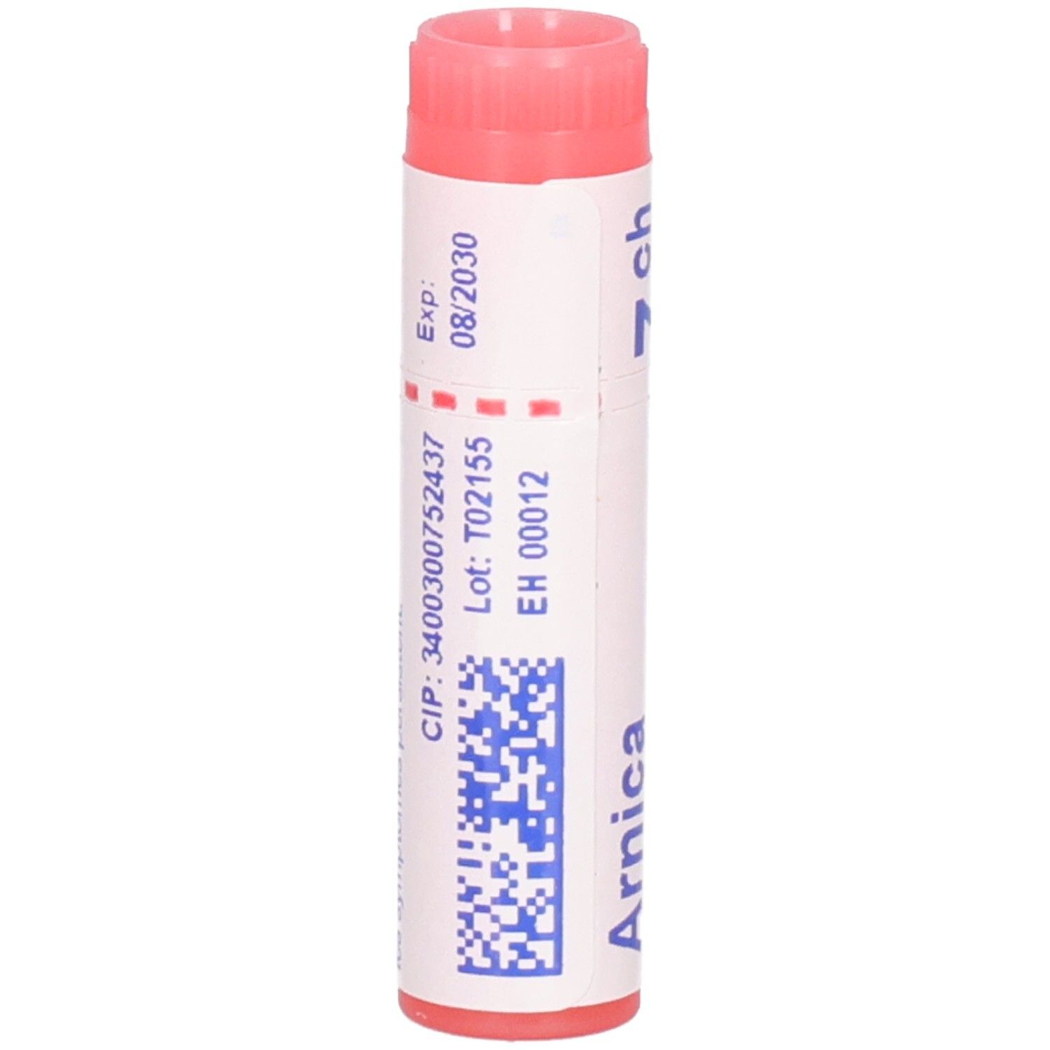 Tube de globules Arnica montana 7 ch avec numéro de lot et date d'expiration.