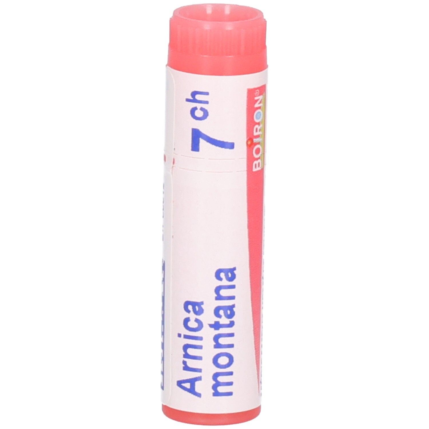 Tube de globules Arnica montana 7 ch avec bouchon rose et logo Boiron.