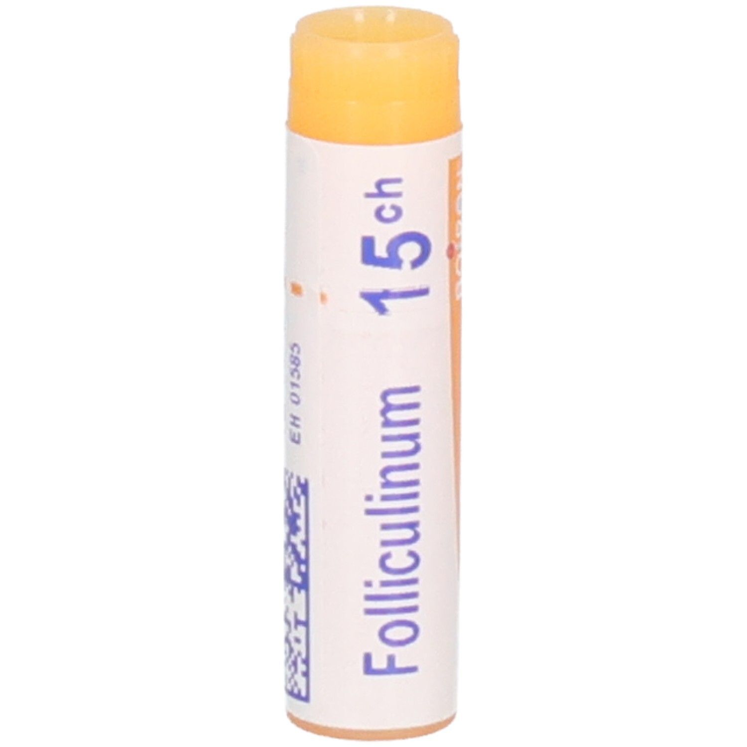 Médicament homéopathique Folliculinum 15 ch dans un tube blanc avec bouchon orange.