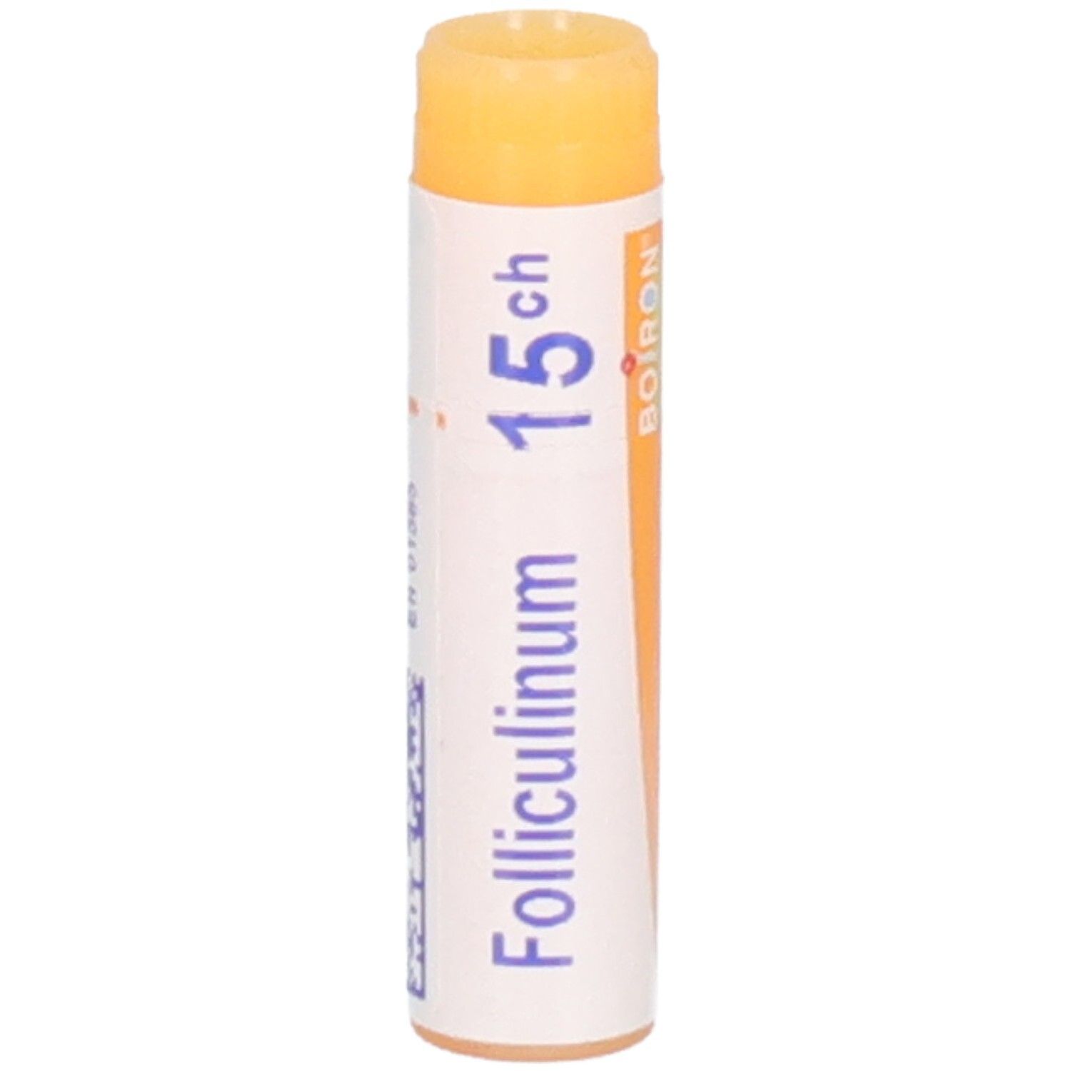 Gros plan d'un tube de Folliculinum 15 ch, blanc avec bouchon orange.