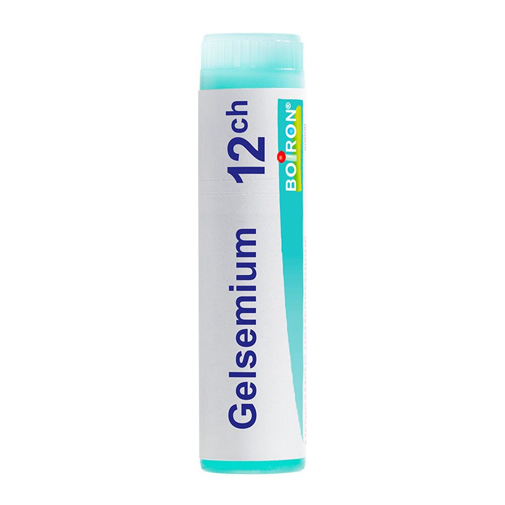 Tube Boiron Gelsemium Semperv. 12 ch avec étiquette bleue et inscription blanche.