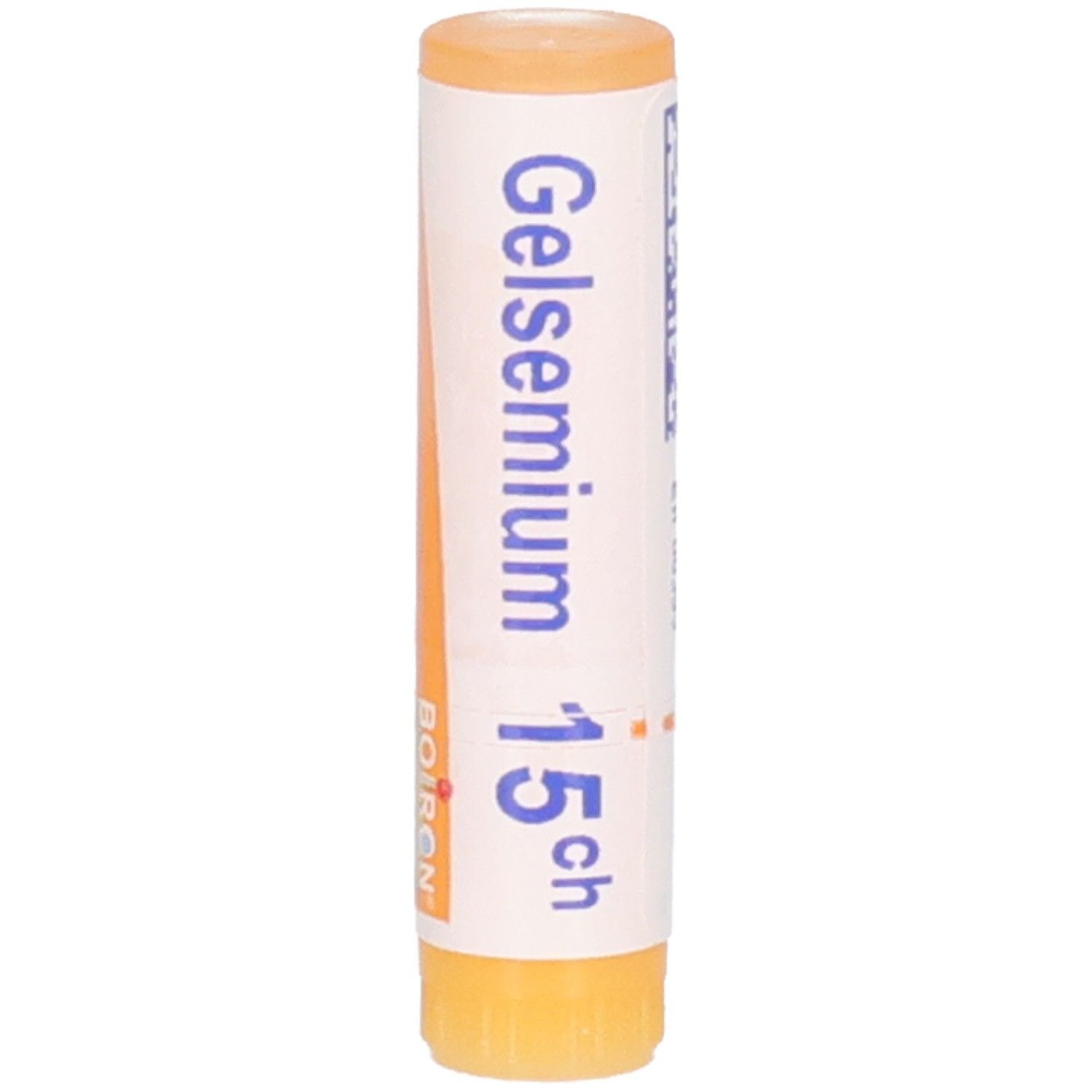 Tube cylindrique. Inscription: Gelsemium 15 ch, Boiron. Bouchon et base orange. Partie centrale blanche.