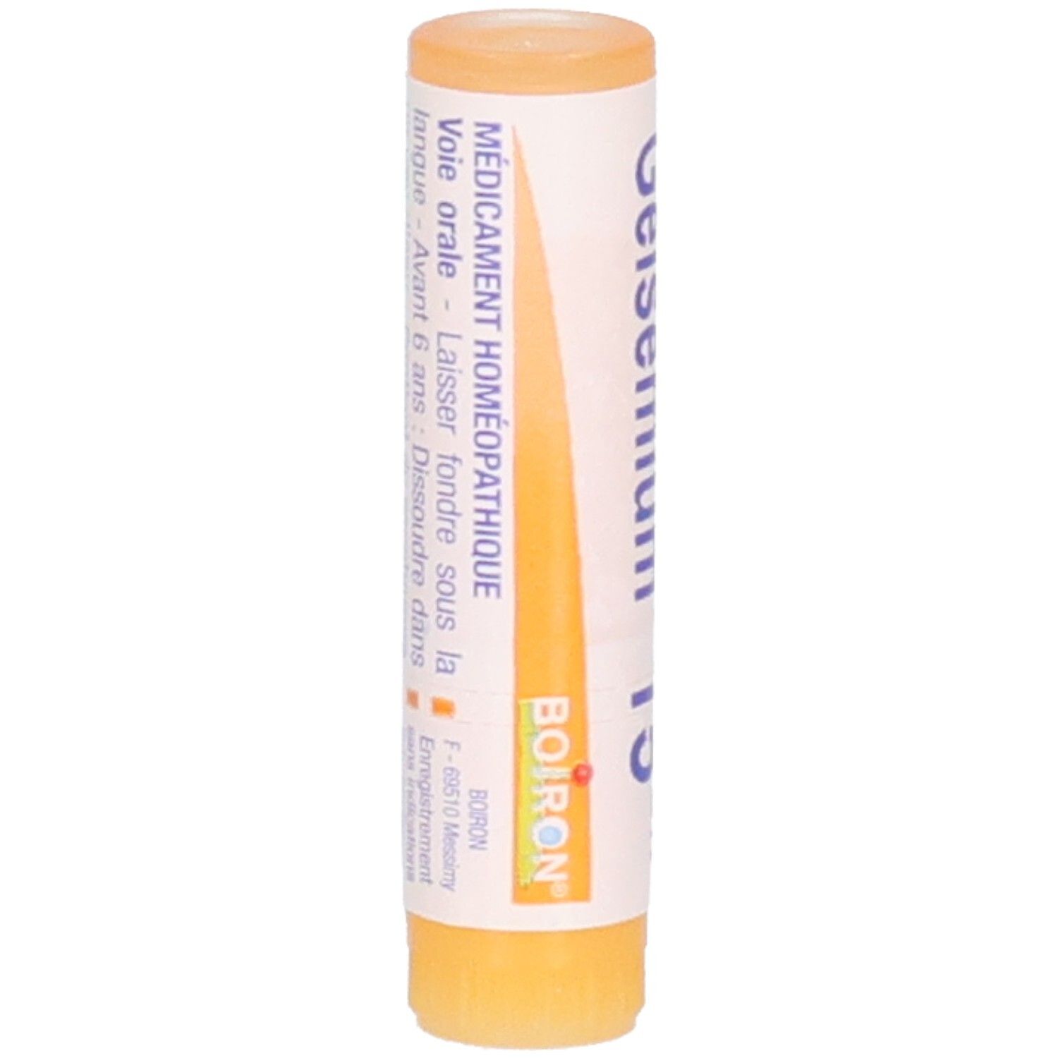 Tube cylindrique. Inscription: Gelsemium 15 ch, Boiron. Texte: Médicament homéopathique. Bouchon et base orange.