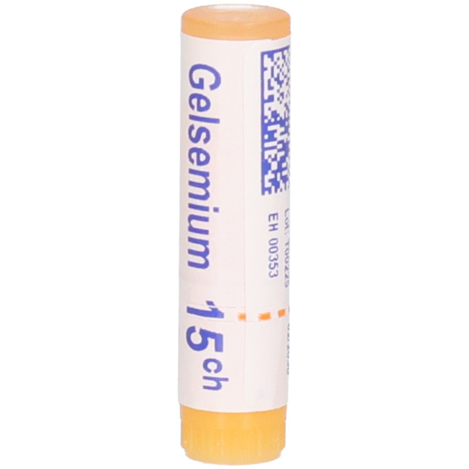 Tube cylindrique. Inscription: Gelsemium 15 ch. Code-barres et autres informations. Bouchon et base orange.