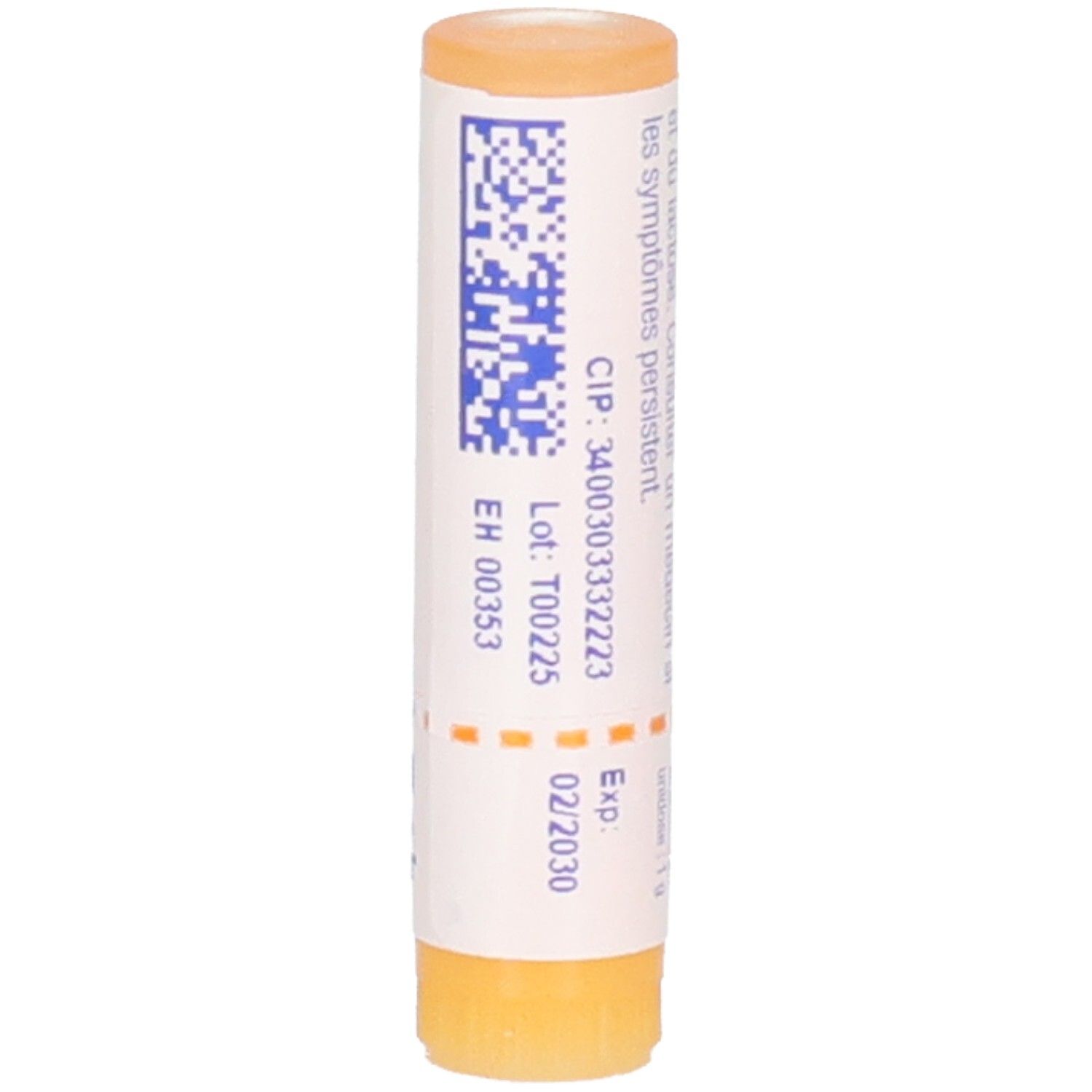 Tube cylindrique. Code-barres, numéro de lot, date de péremption. Bouchon et base orange. Partie centrale blanche.