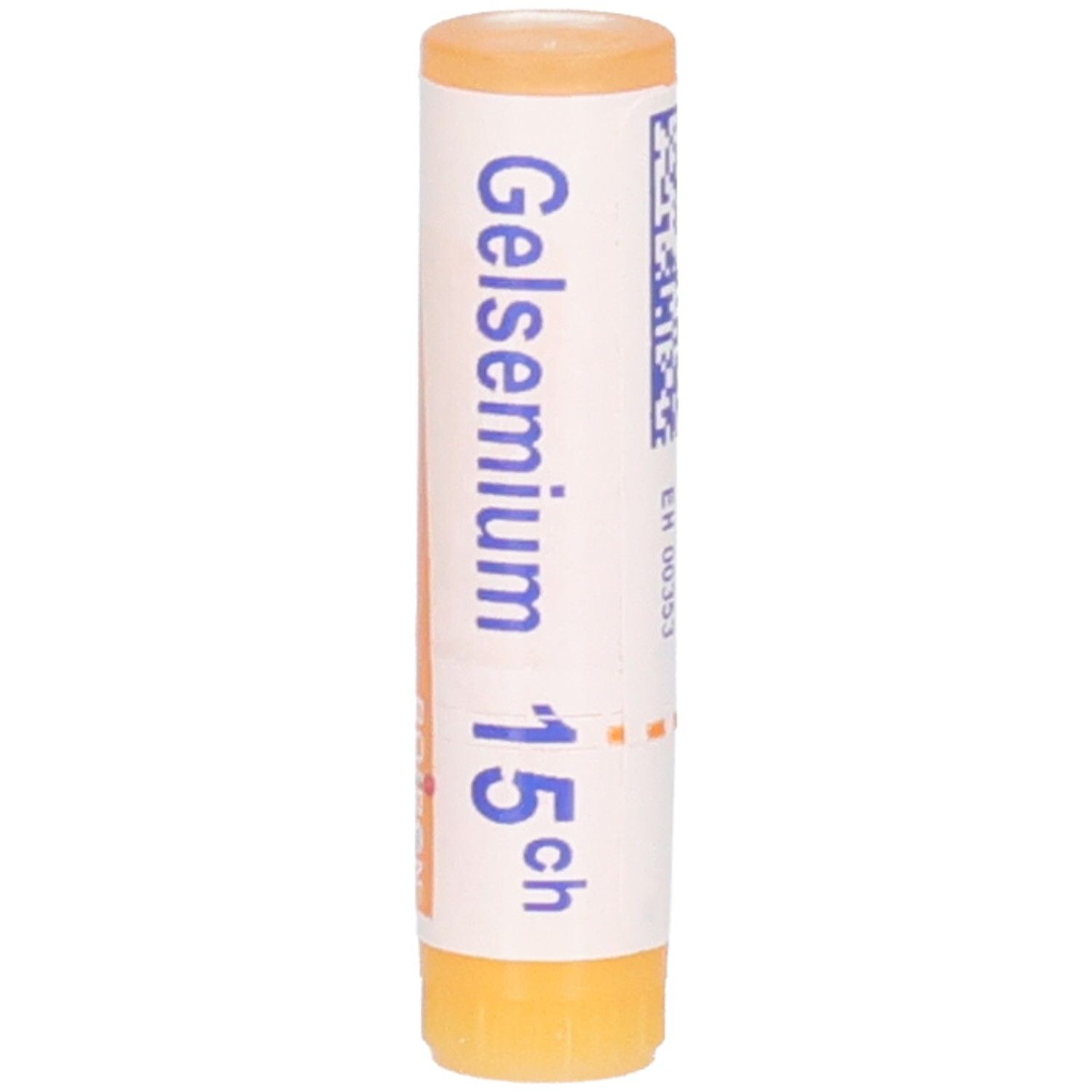 Tube cylindrique. Inscription: Gelsemium 15 ch. Code-barres et autres informations. Bouchon et base orange.
