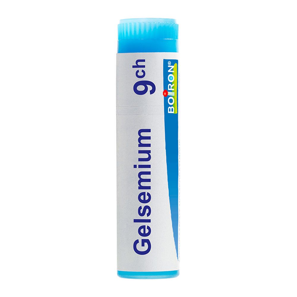 Tube Boiron Gelsemium 9 ch. Bouchon bleu, tube blanc avec des accents bleus.