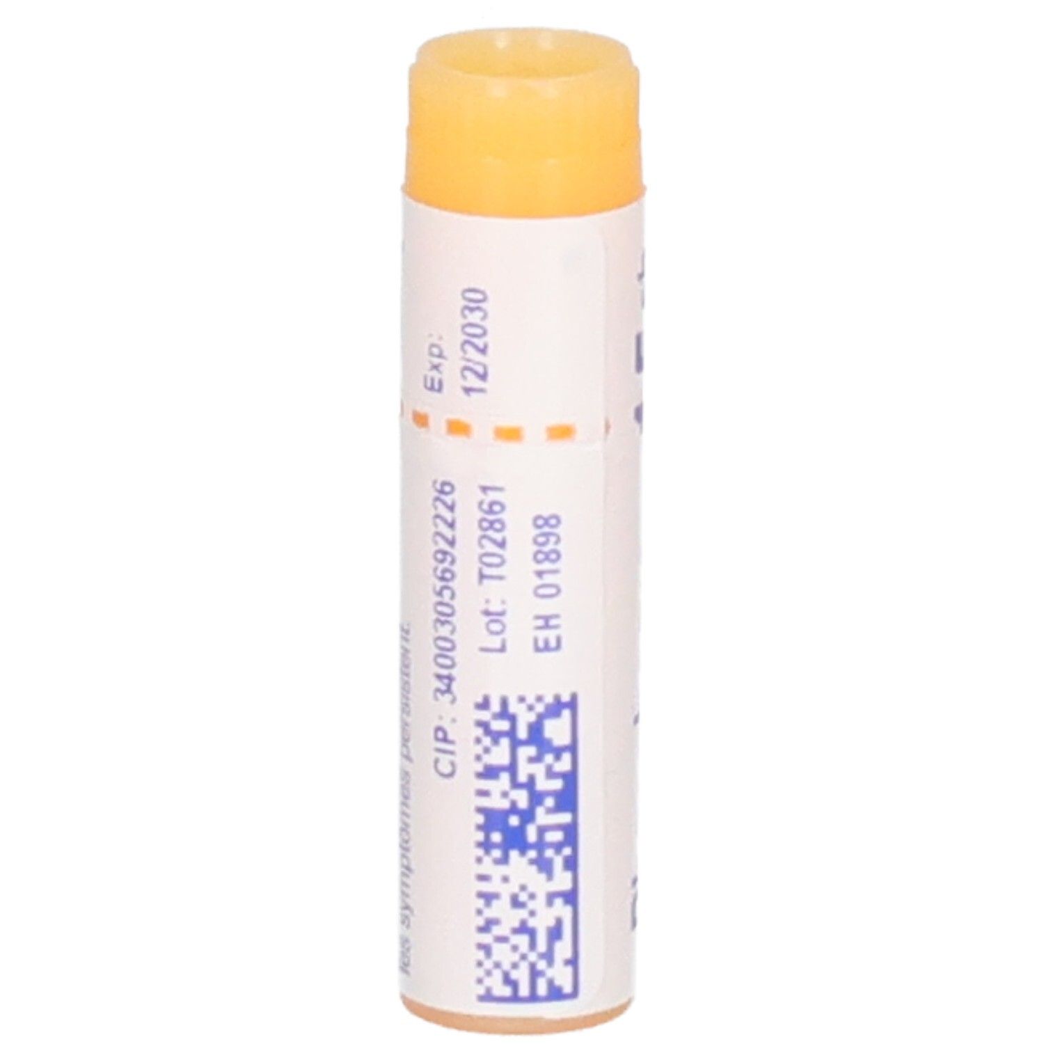 Arrière d'un tube Boiron Phosphorus 15 ch avec numéro de lot et date d'expiration.