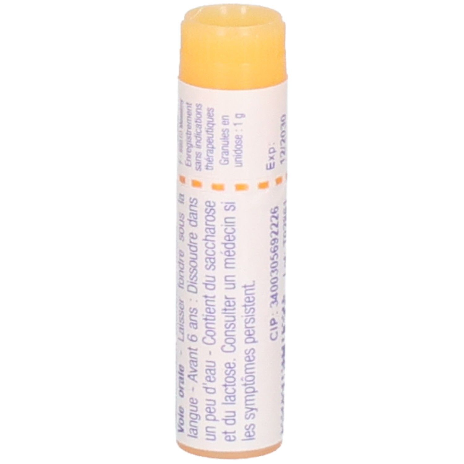 Côté d'un tube Boiron Phosphorus 15 ch avec instructions d'utilisation.