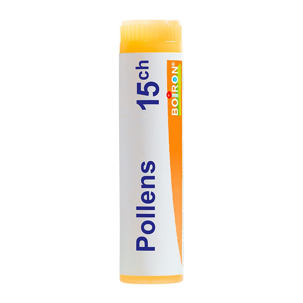 Tube de globules Boiron Pollens 15 ch. Emballage orange et blanc avec inscription bleue.