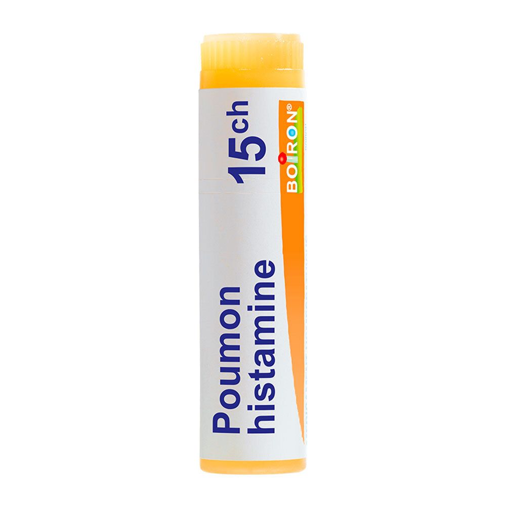Tube Boiron Poumon histamine 15 ch. Emballage blanc et orange avec inscription bleue.