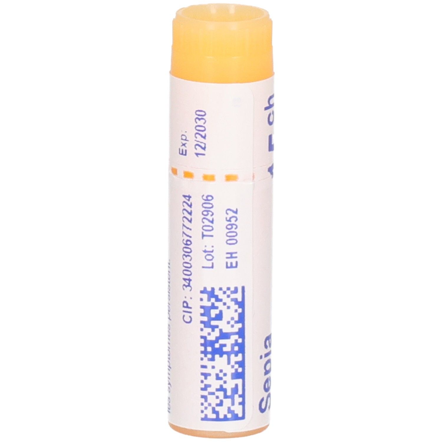 Tube Boiron Sepia officinalis 15 ch granules avec numéro de lot et date d'expiration.