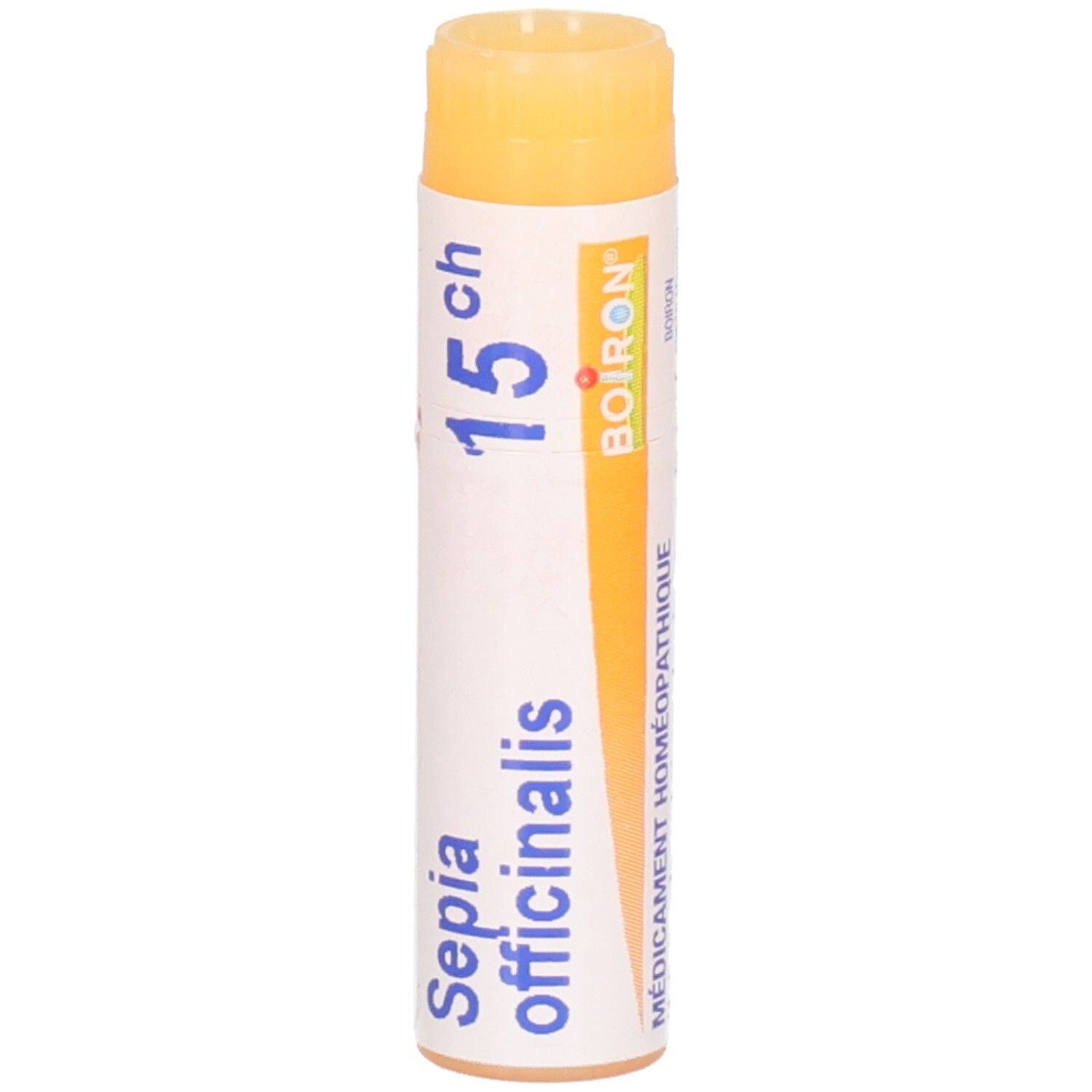 Tube Boiron Sepia officinalis 15 ch granules, étiquetage français.