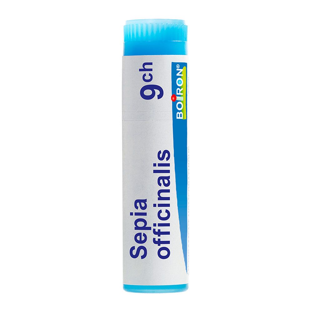 Tube Boiron Sepia officinalis 9 ch, emballage bleu et blanc.