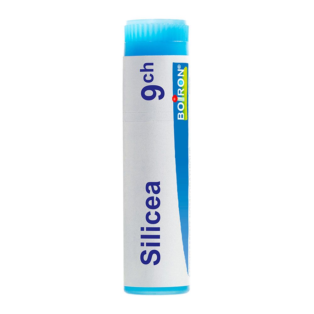Tube Boiron Silicea 9 ch, emballage bleu et blanc.