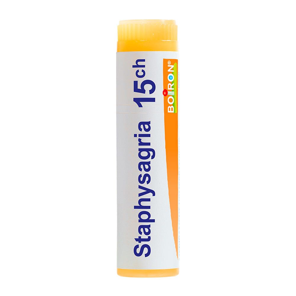 Tube Boiron Staphysagria 15 ch. Tube blanc avec bande orange et écriture bleue.