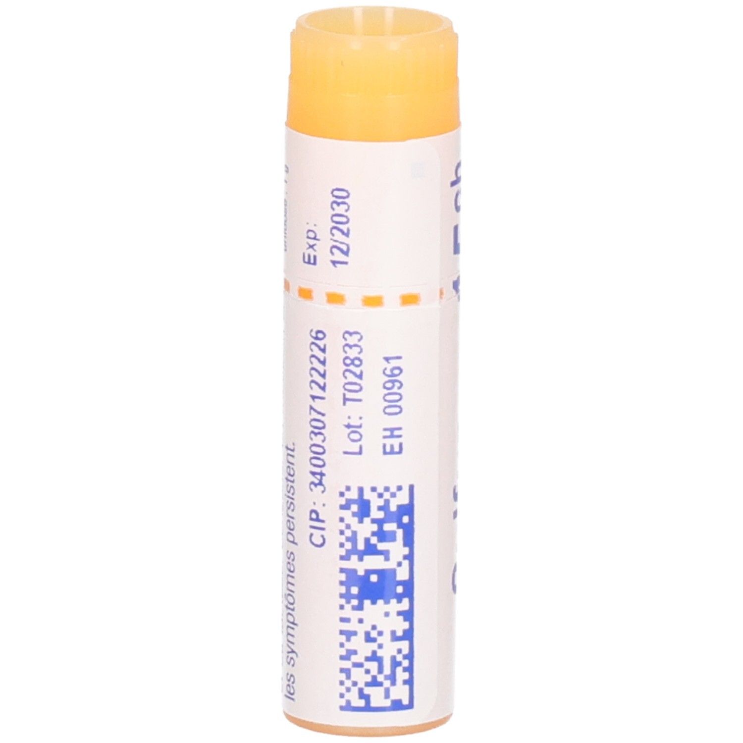 Arrière d'un tube indiquant la date d'expiration 12/2030, lot T02833 et EH 00961.