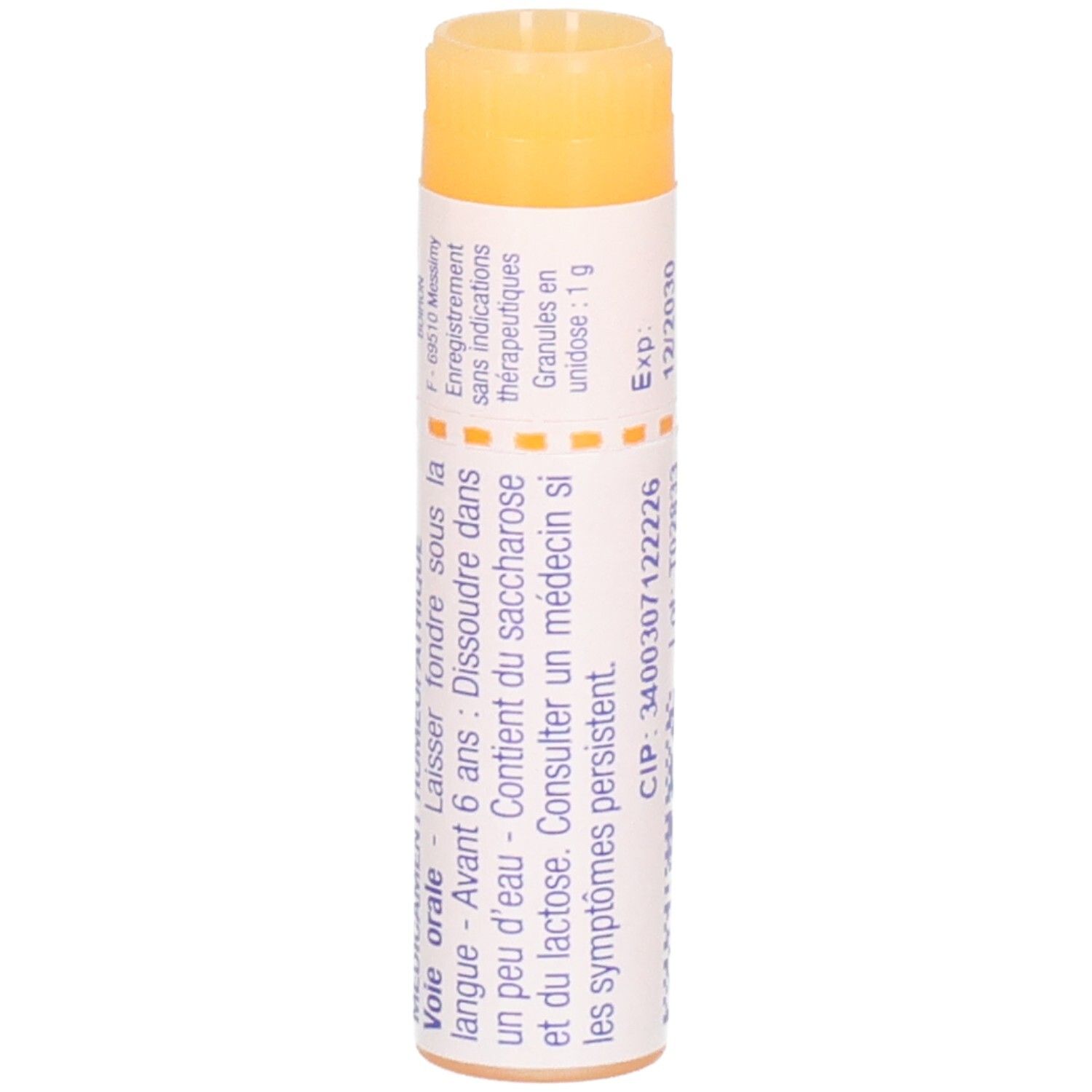 Arrière d'un tube avec instructions d'administration orale et date d'expiration 12/2030.