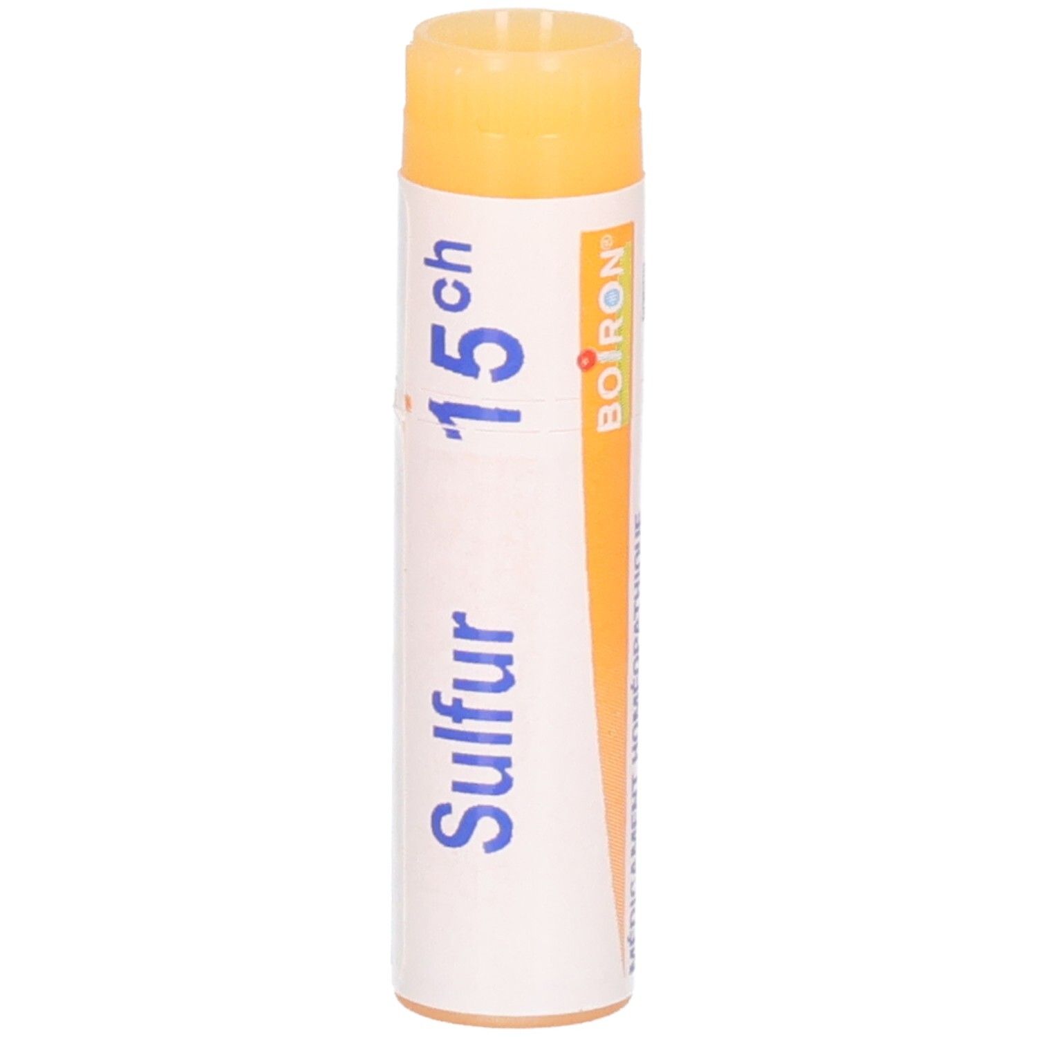 Un tube étiqueté "Sulfur 15 ch" avec la marque "Boiron".