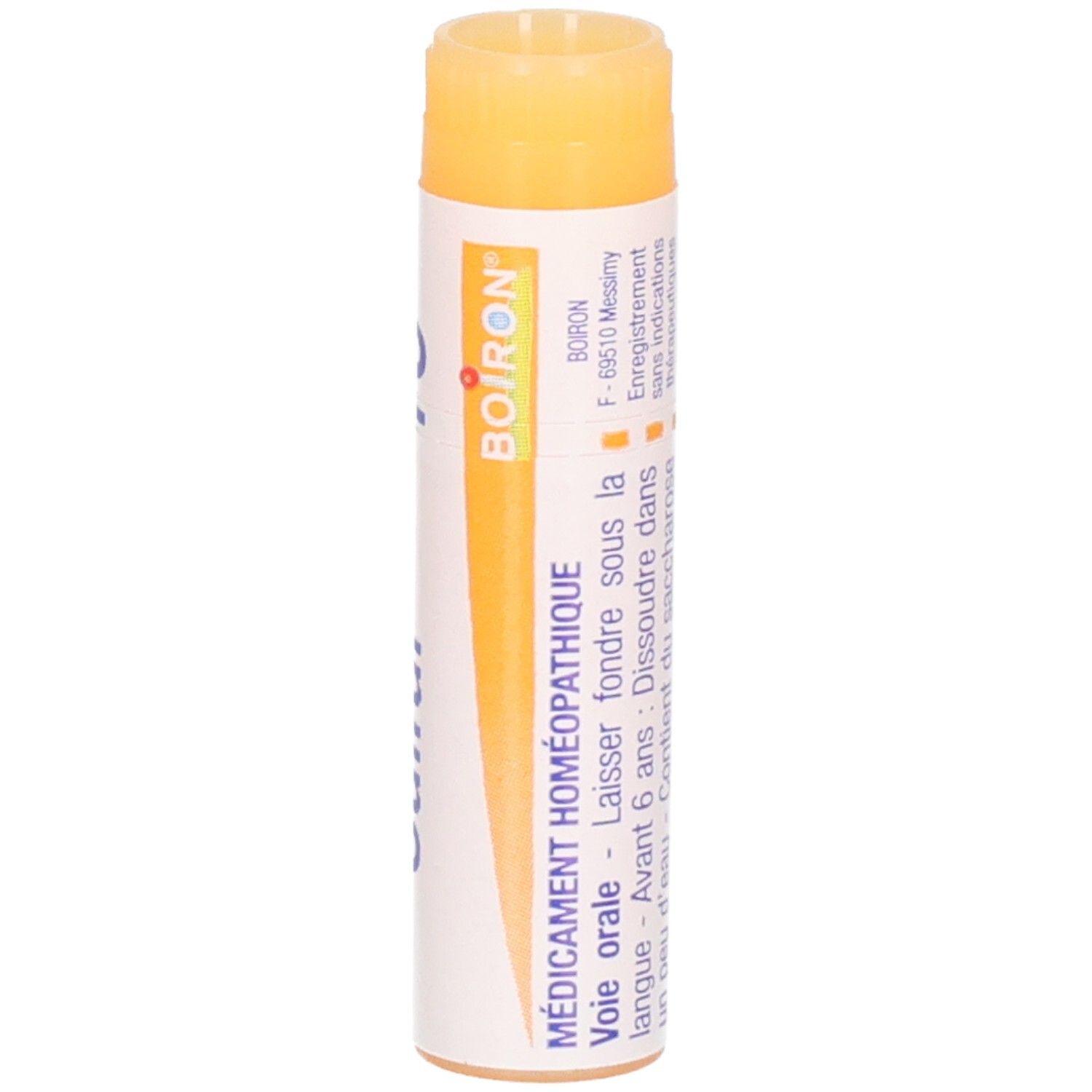 Arrière d'un tube avec la marque "Boiron" et des instructions.