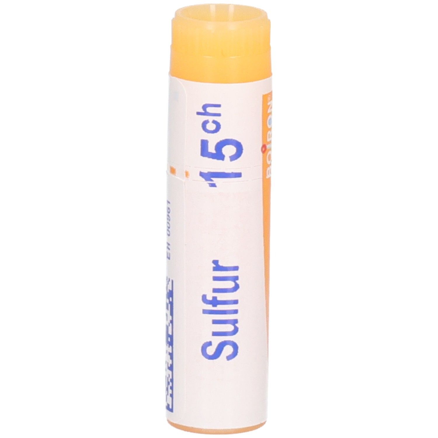 Un tube étiqueté "Sulfur 15 ch" avec la marque "Boiron".