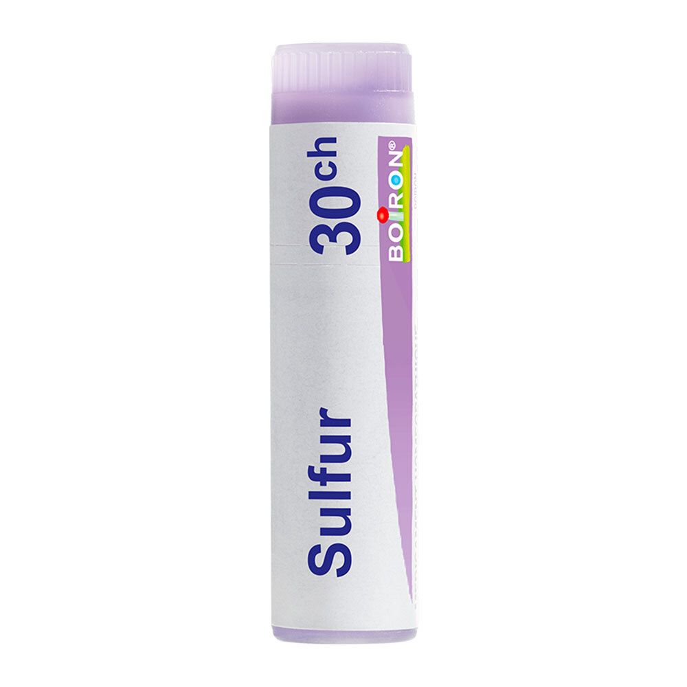 Tube Boiron Sulfur 30 ch avec bouchon violet.