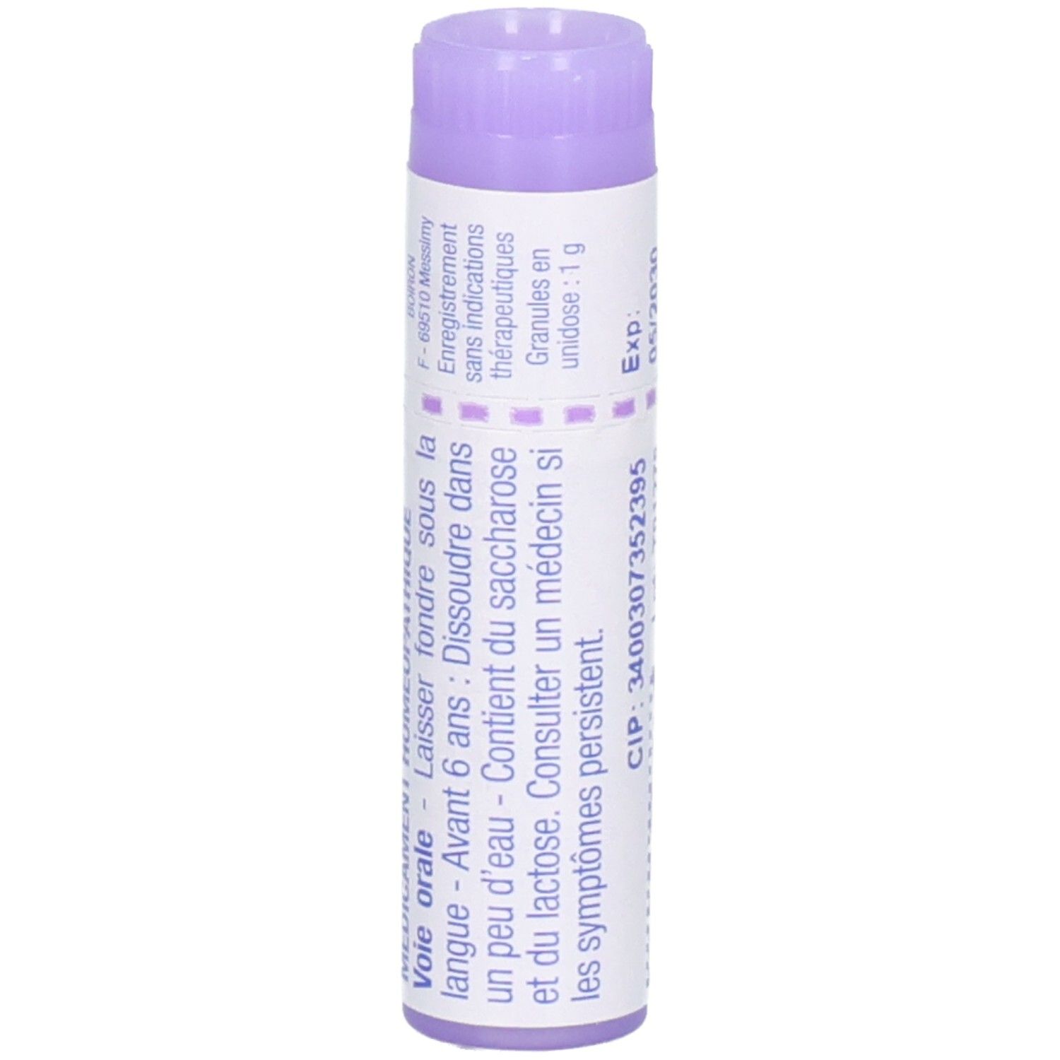 Thuya occidentalis 30 ch tube de granules avec bouchon violet. Instructions en français.