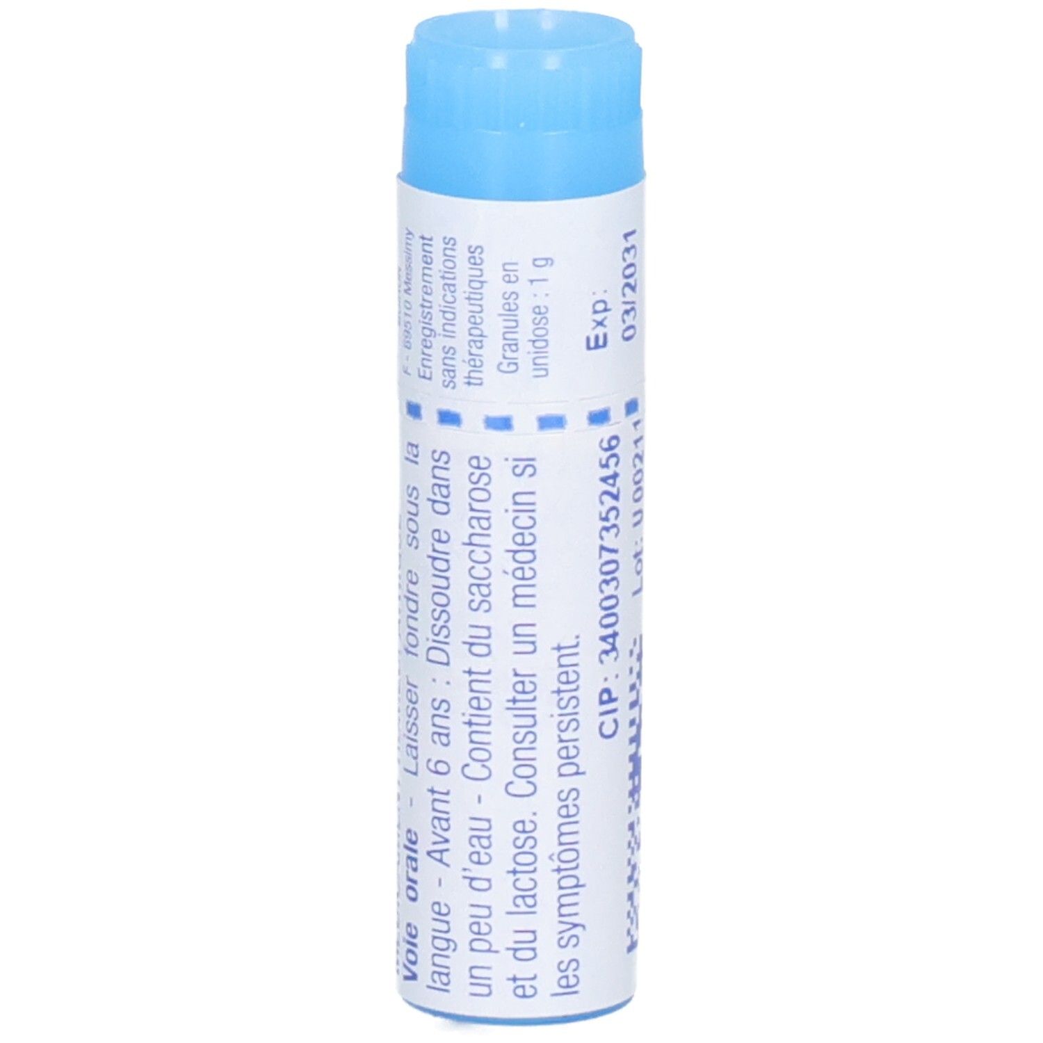Tube avec instructions de dosage en français : « Voie orale ».