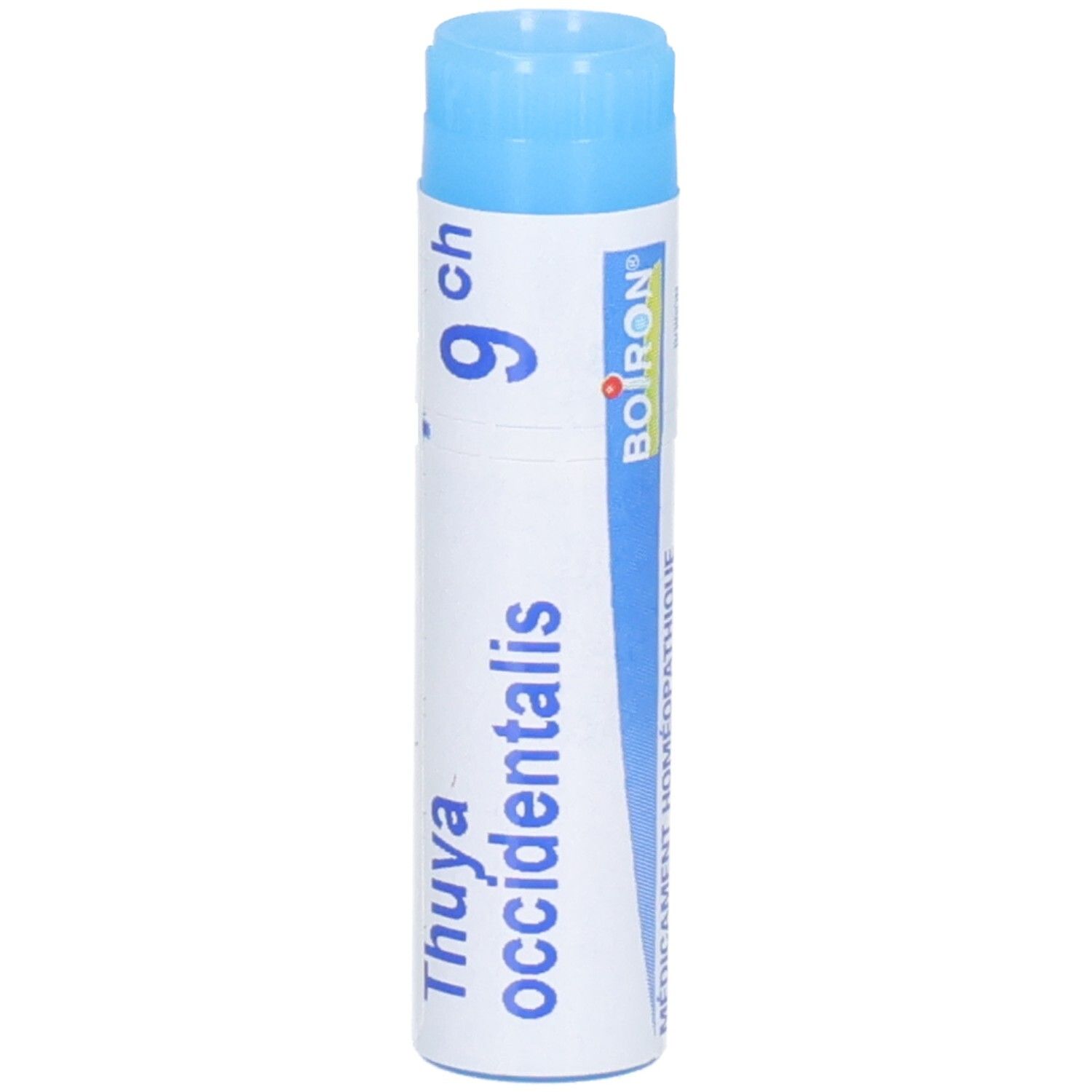 Tube Boiron Thuya occidentalis 9 ch avec bouchon bleu et logo Boiron.