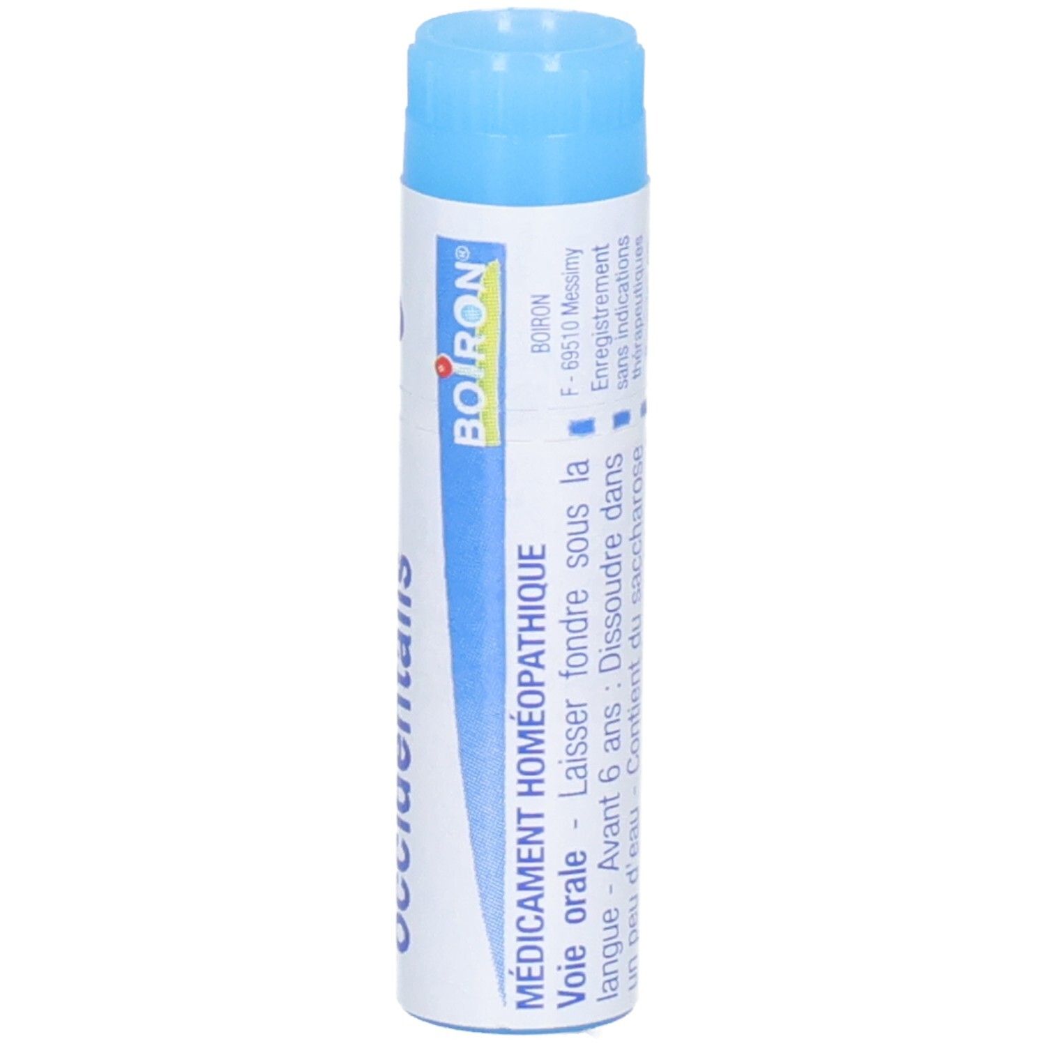 Tube Boiron Médicament Homéopathique avec bouchon bleu.
