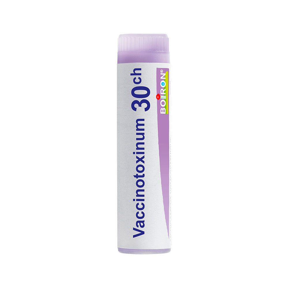 Tube Boiron Vaccinotoxinum 30 ch avec capuchon et étiquette violets.