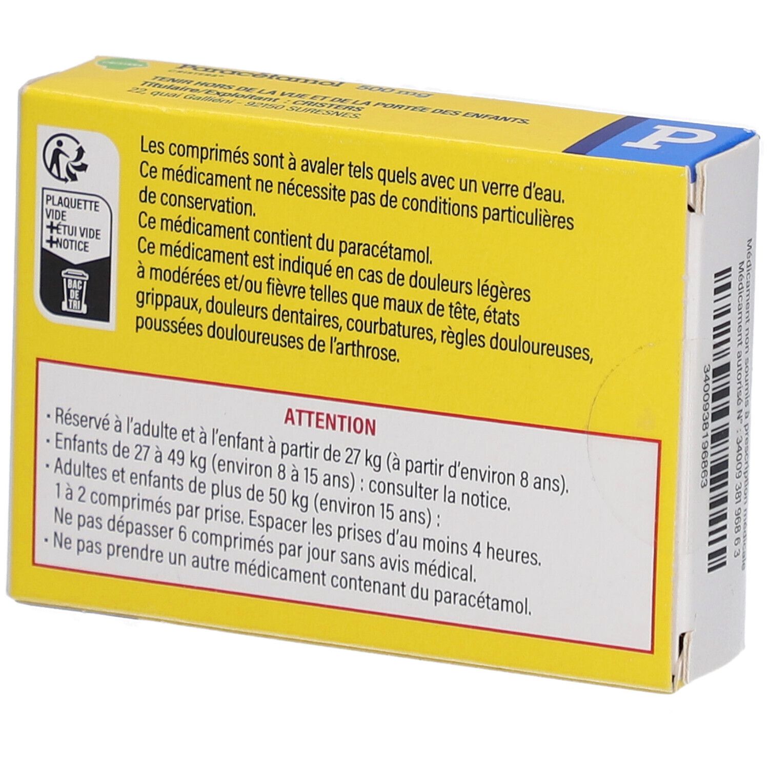 PARACETAMOL CRISTERS 500 mg, comprimé, boîte de 16