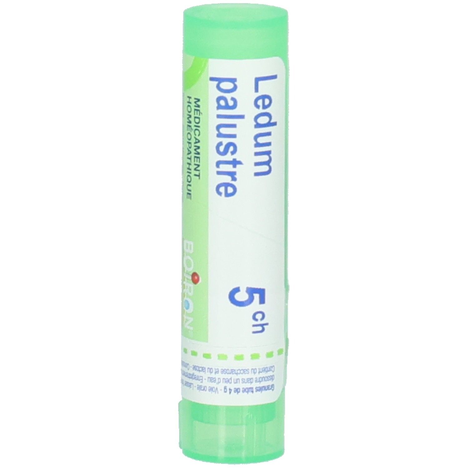 Tube cylindrique vert avec étiquette blanche. Inscription: Ledum palustre 5 ch. Marque Boiron.