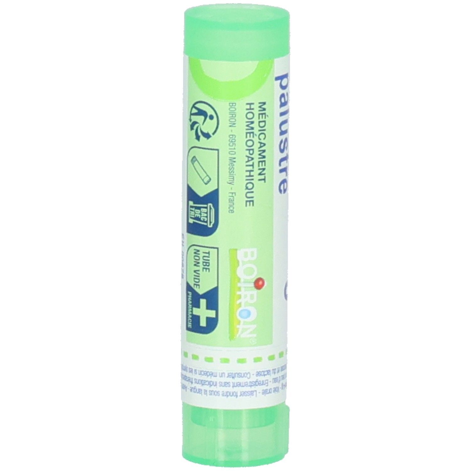 Tube vert avec étiquette blanche. Inscription: Ledum palustre. Logo Boiron. Informations supplémentaires.