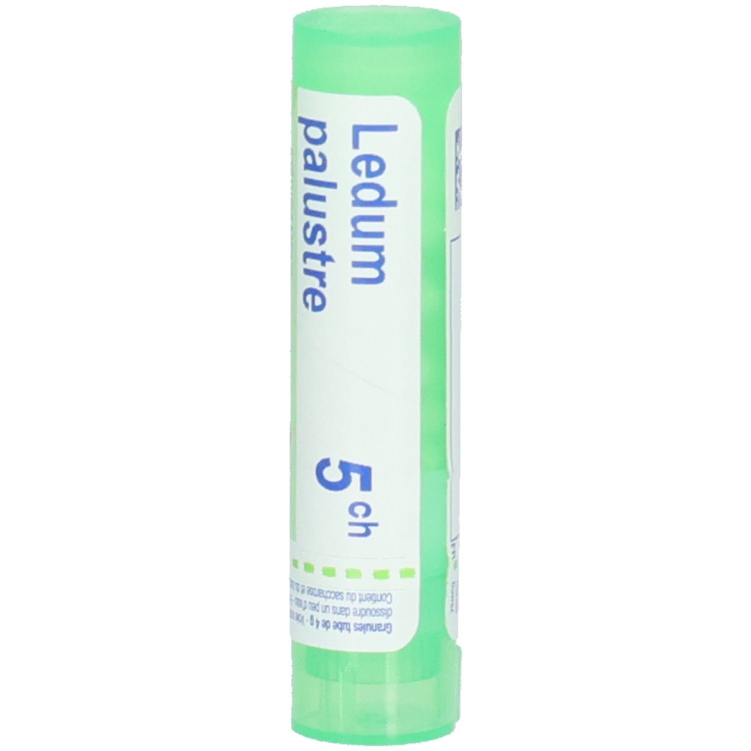 Tube vert avec étiquette blanche. Inscription: Ledum palustre 5 ch. Marque Boiron.
