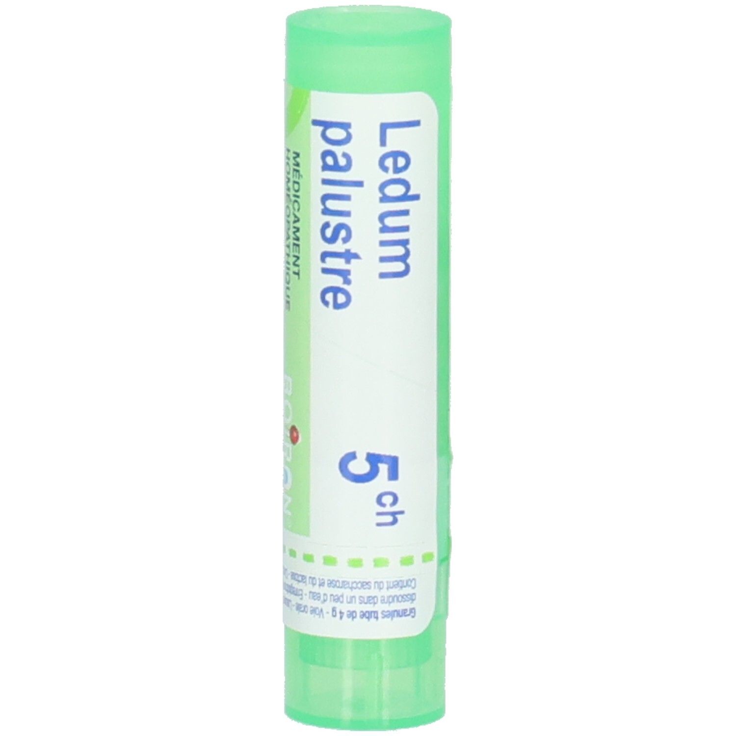 Tube cylindrique vert avec étiquette blanche. Inscription: Ledum palustre 5 ch. Marque Boiron.